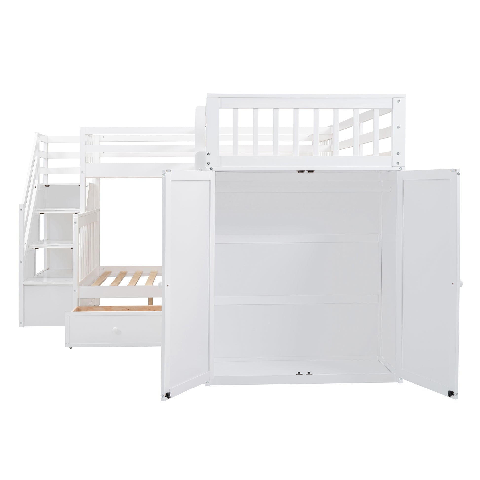 Twin Twin Over Full L Shaped Bunk Bed With 3 Drawers, Portable Desk And Wardrobe, White White Solid Wood