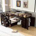 Twin Twin Over Full L Shaped Bunk Bed With 3 Drawers, Portable Desk And Wardrobe, Espresso Espresso Solid Wood