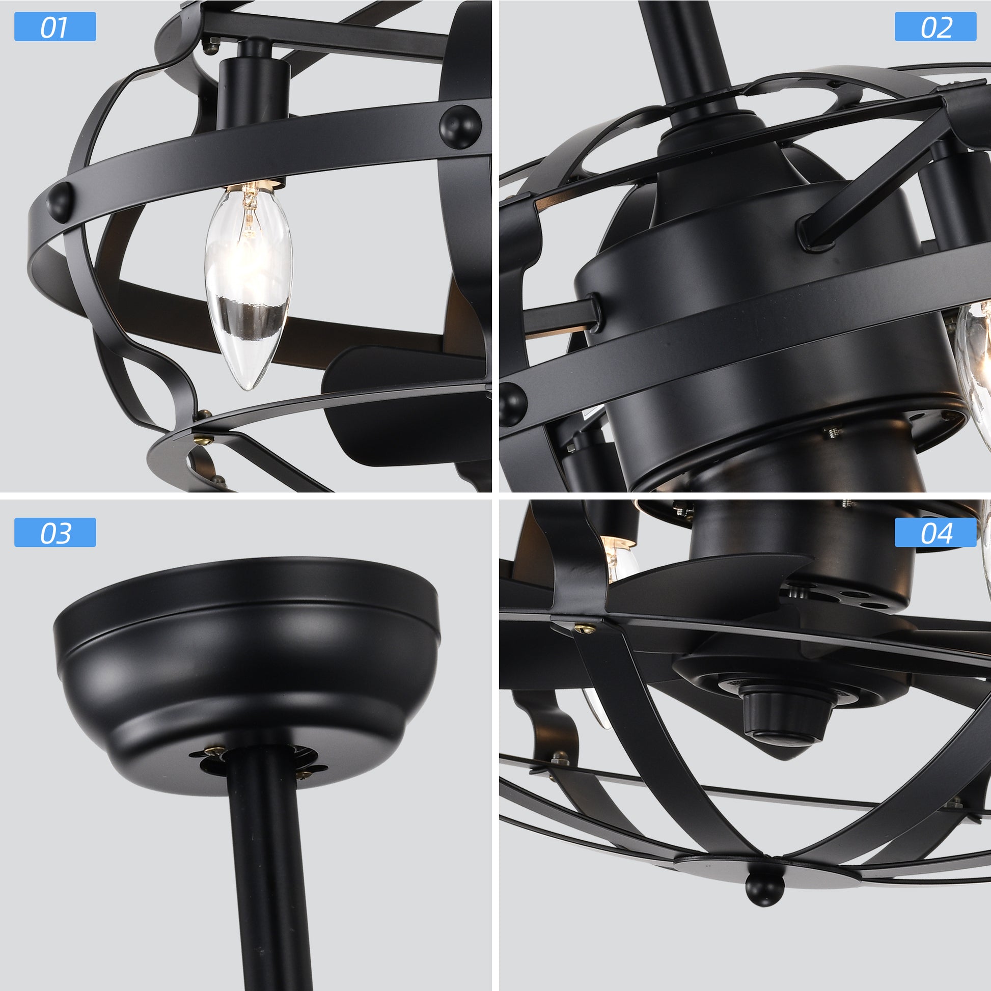 Hot Sell Industrial Ceiling Fan Light Kit For Living Room Bedroom Kitchen And Bladeless Caged Ceiling Fan With Lights Matte Black Abs Metal