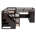 Twin Twin Over Full L Shaped Bunk Bed With 3 Drawers, Portable Desk And Wardrobe, Espresso Espresso Solid Wood