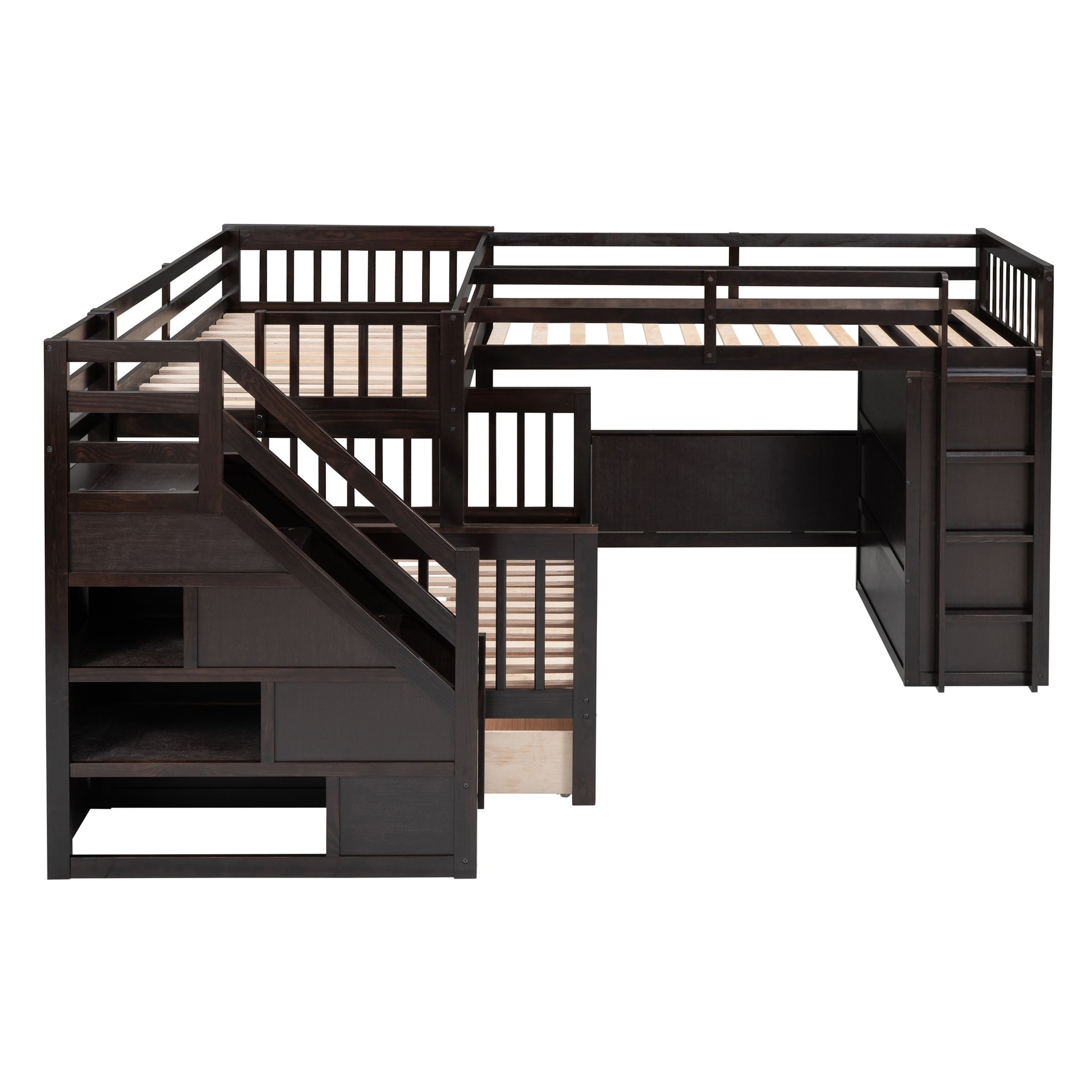 Twin Twin Over Full L Shaped Bunk Bed With 3 Drawers, Portable Desk And Wardrobe, Espresso Espresso Solid Wood