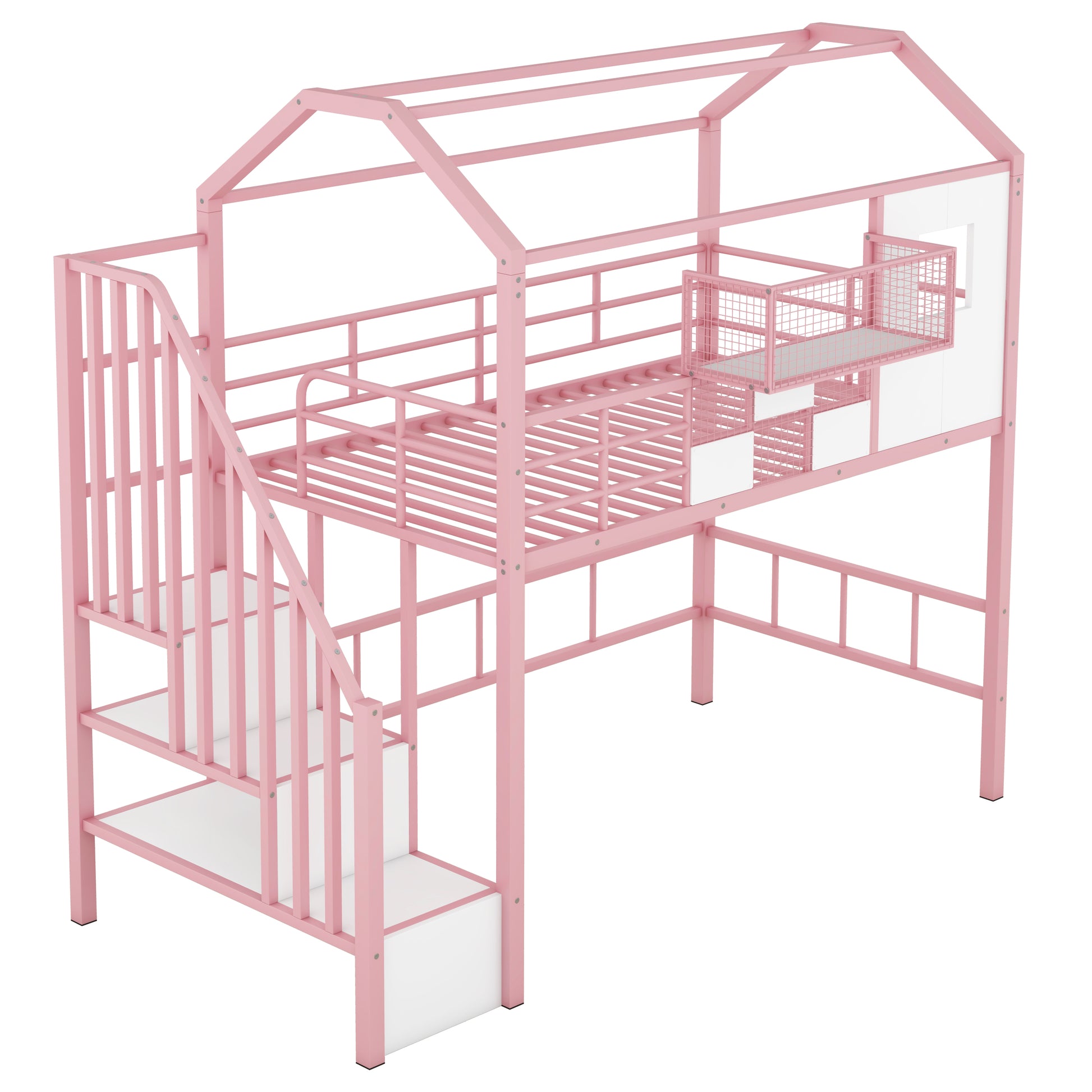 Metal Loft Bed With Roof Design And A Storage Box, Twin, Pink Twin Pink Metal