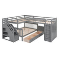 Twin Twin Over Full L Shaped Bunk Bed With 3 Drawers, Portable Desk And Wardrobe, Gray Gray Solid Wood