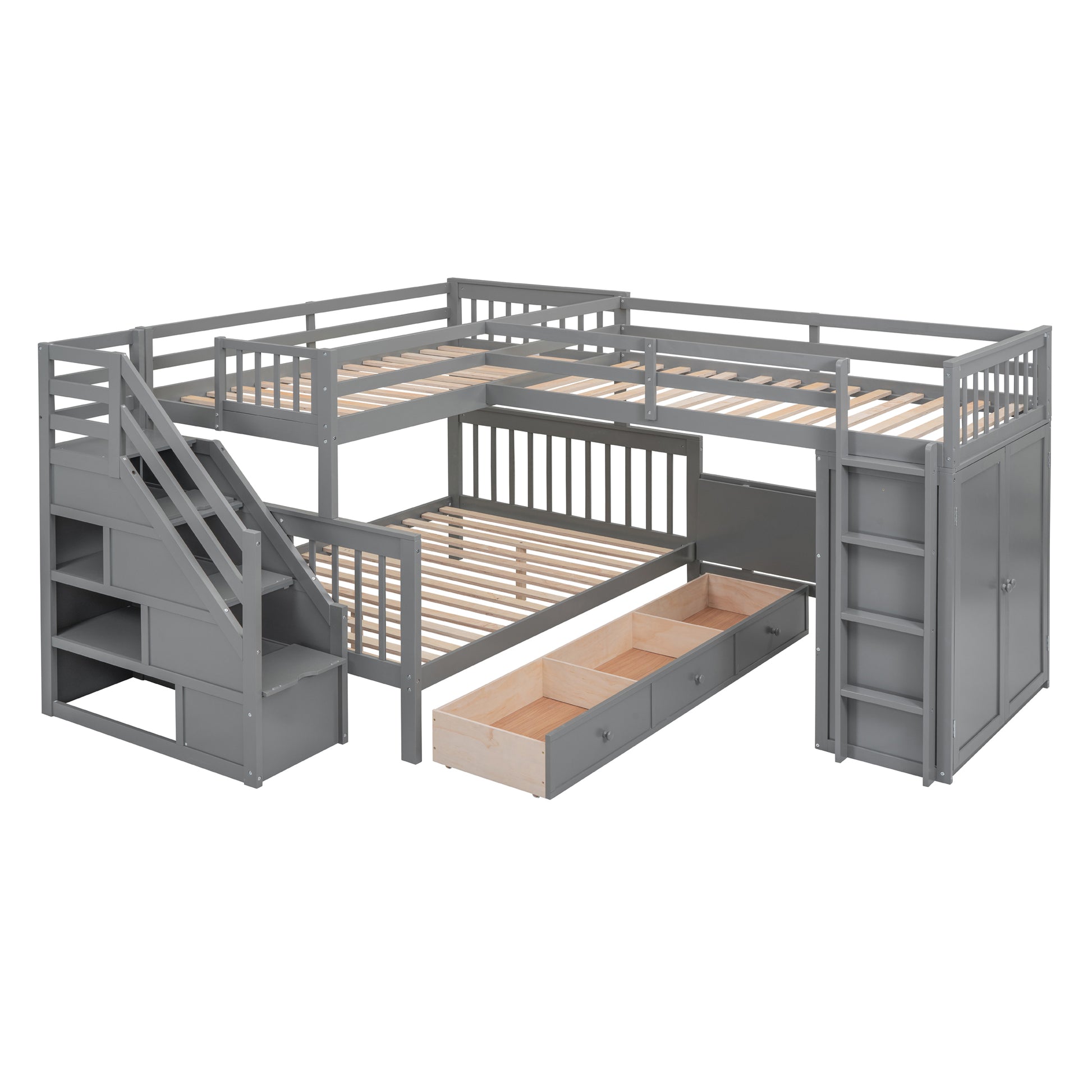 Twin Twin Over Full L Shaped Bunk Bed With 3 Drawers, Portable Desk And Wardrobe, Gray Gray Solid Wood