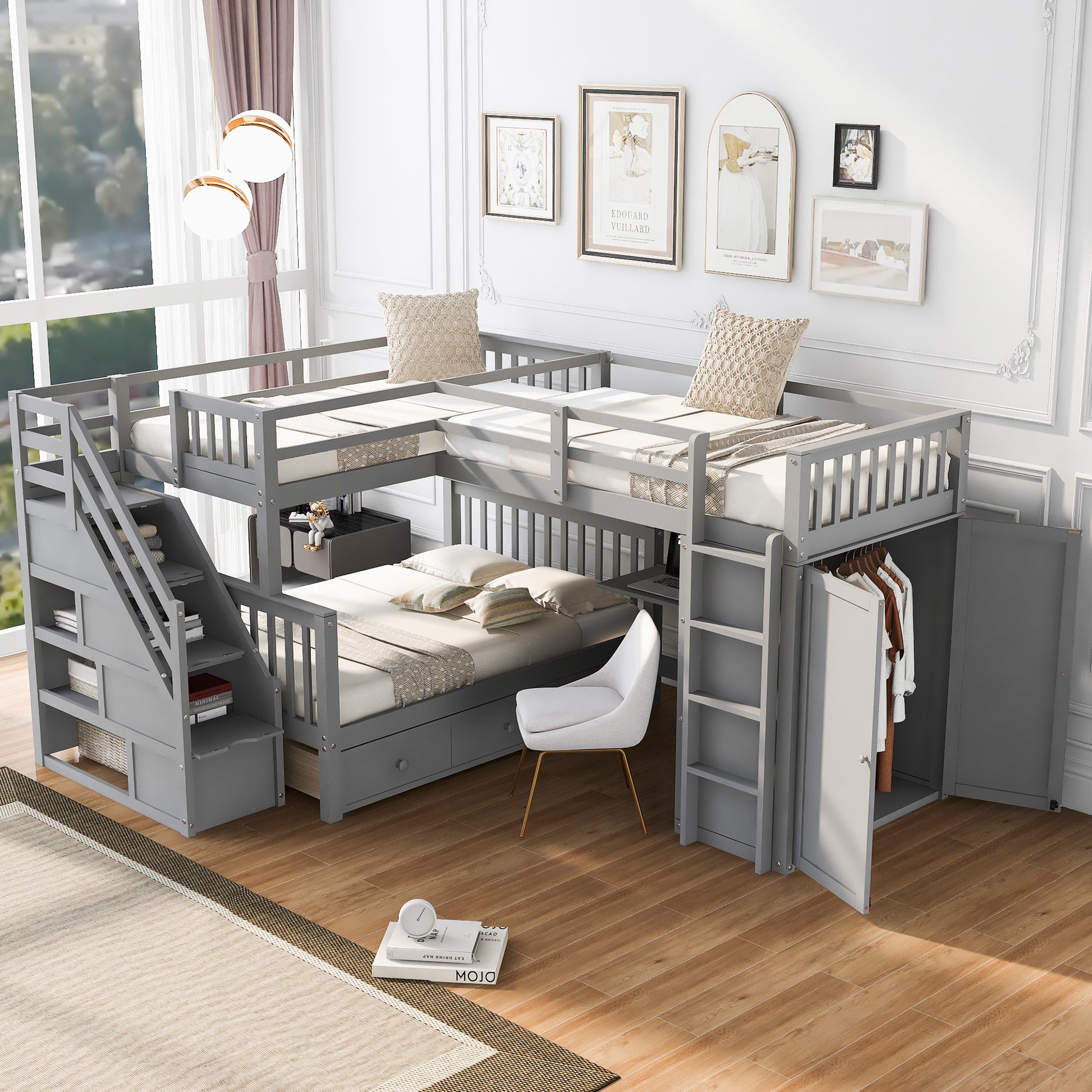 Twin Twin Over Full L Shaped Bunk Bed With 3 Drawers, Portable Desk And Wardrobe, Gray Gray Solid Wood