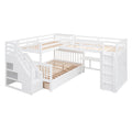 Twin Twin Over Full L Shaped Bunk Bed With 3 Drawers, Portable Desk And Wardrobe, White White Solid Wood