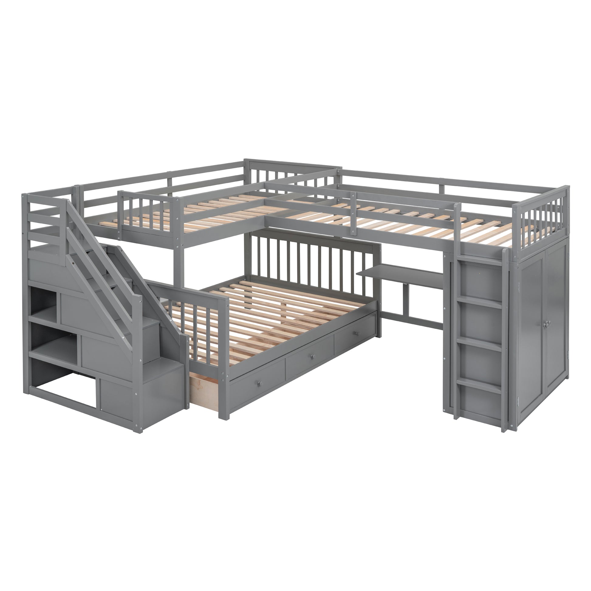 Twin Twin Over Full L Shaped Bunk Bed With 3 Drawers, Portable Desk And Wardrobe, Gray Gray Solid Wood