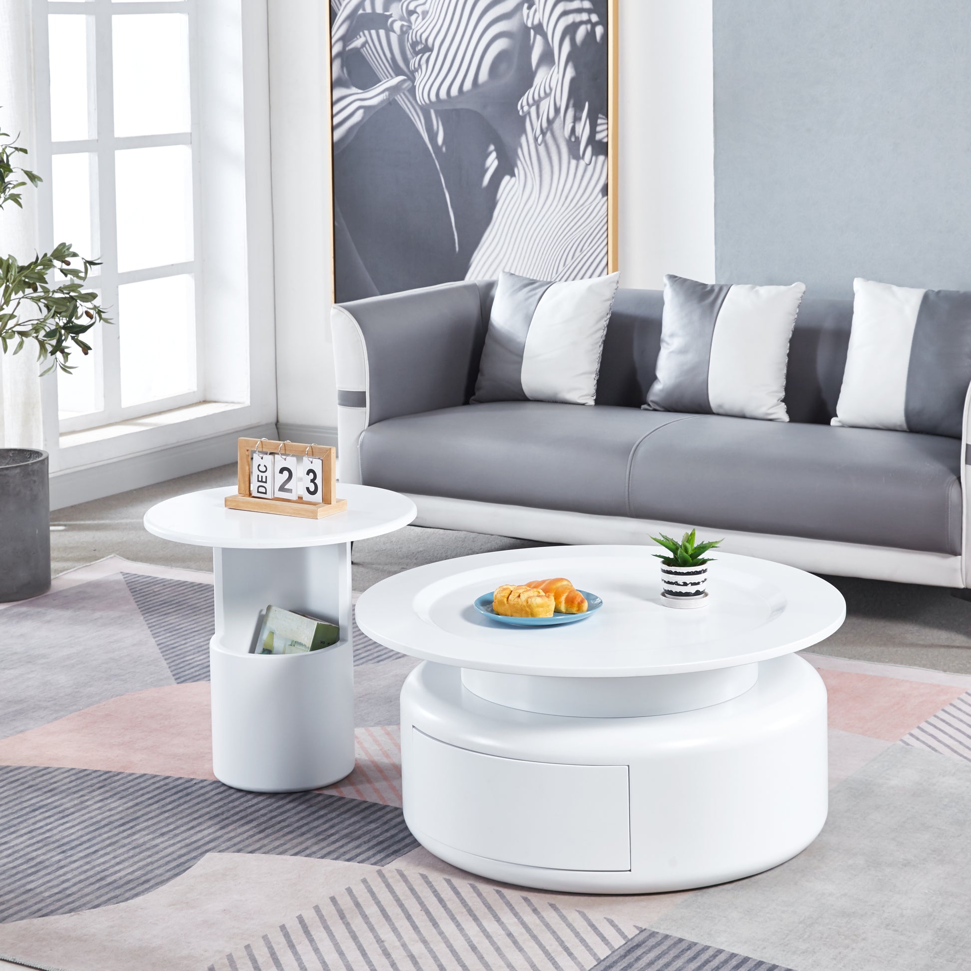2 Pieces White Mdf Round Coffee Table Set For Living Room, Bedroom White Mdf