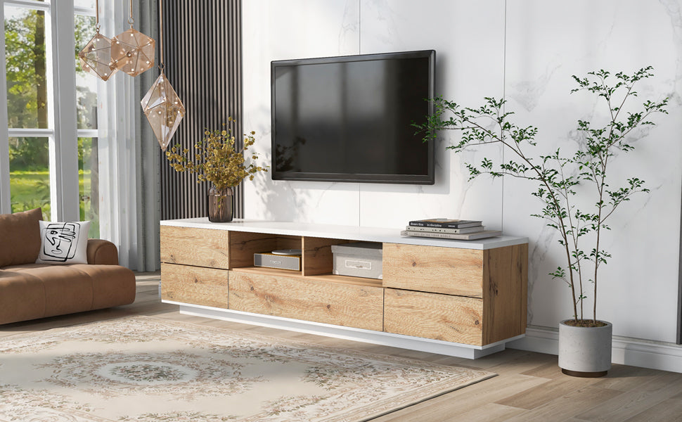 Modern Tv Stand For Tvs Up To 80''Media Console With Multi Functional Storage, Entertainment Center With Door Rebound Device, Tv Cabinet For Living Room,Bedroom White Natural Primary Living Space 70 79 Inches 70 79 Inches 75 Inches Mdf Metal