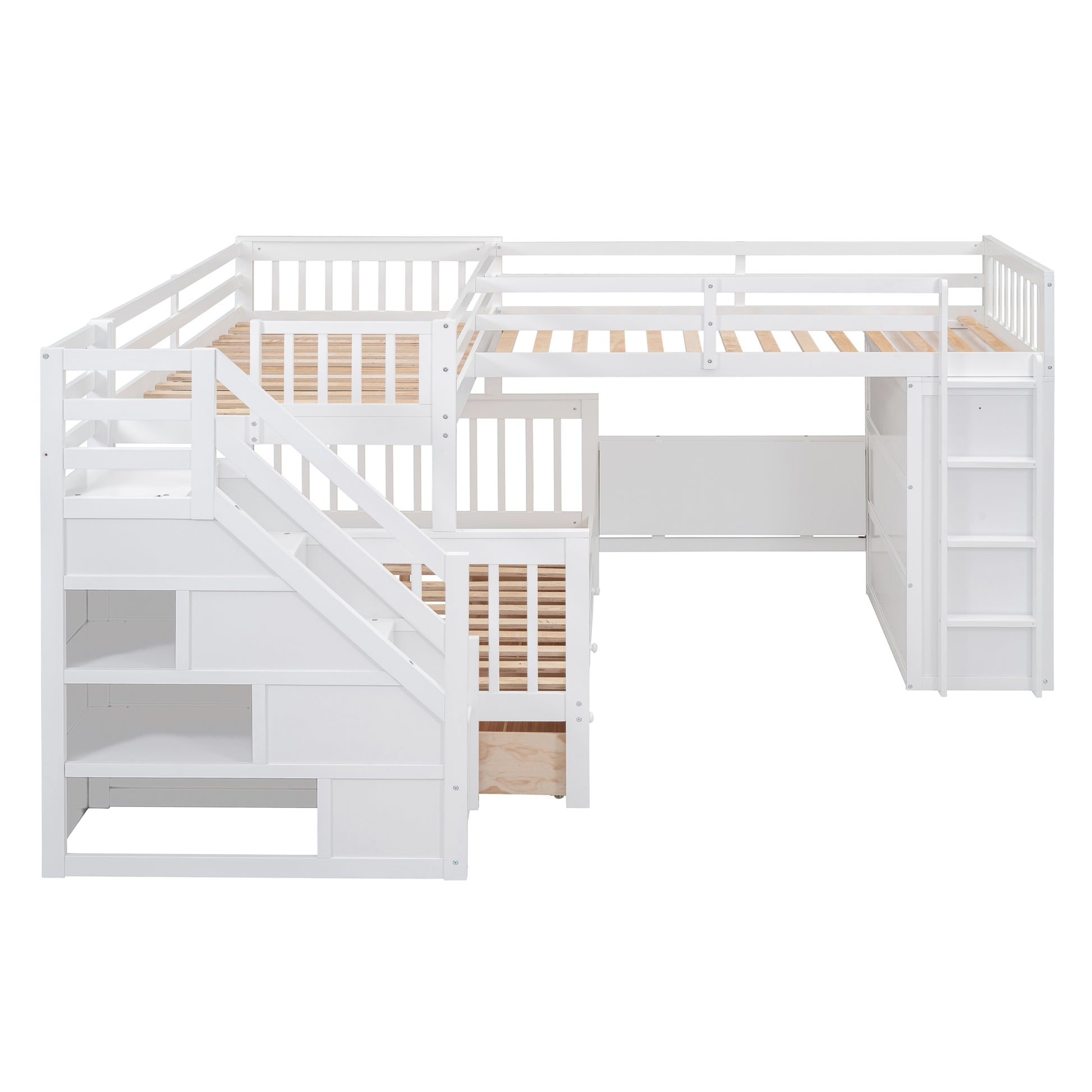 Twin Twin Over Full L Shaped Bunk Bed With 3 Drawers, Portable Desk And Wardrobe, White White Solid Wood