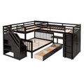 Twin Twin Over Full L Shaped Bunk Bed With 3 Drawers, Portable Desk And Wardrobe, Espresso Espresso Solid Wood