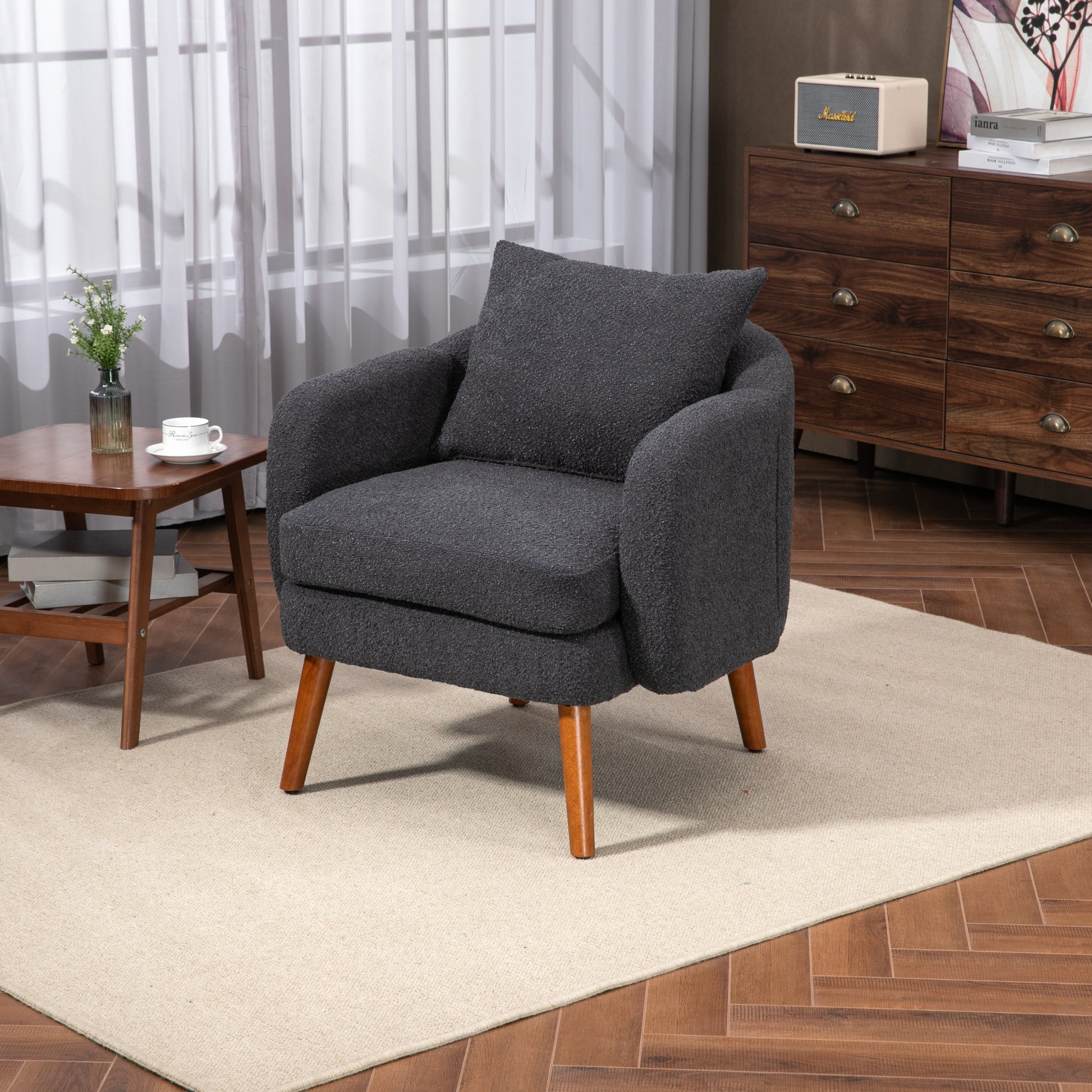 Coolmore Wood Frame Armchair, Modern Accent Chair Lounge Chair For Living Room Carbon Black Boucle