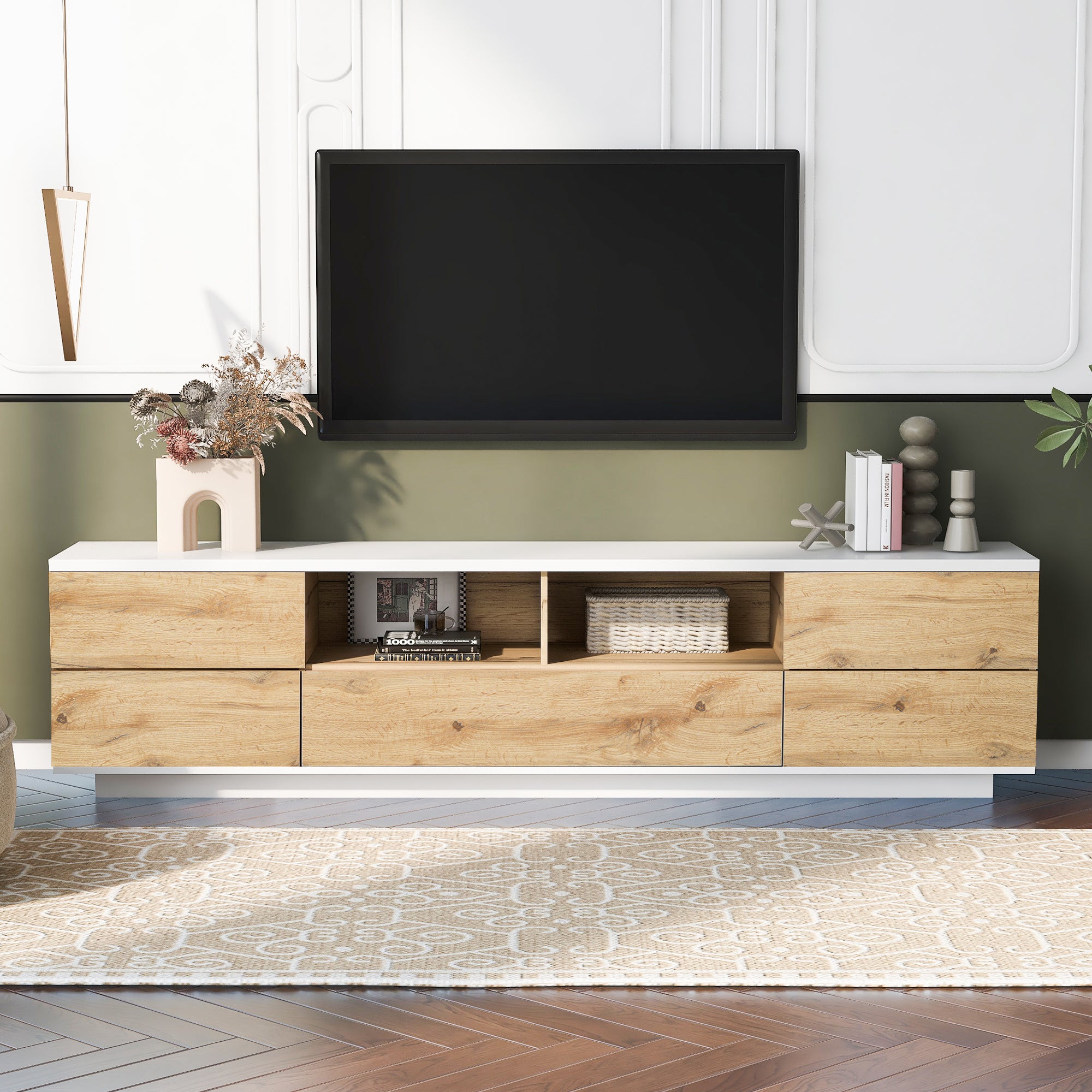 Modern Tv Stand For Tvs Up To 80''Media Console With Multi Functional Storage, Entertainment Center With Door Rebound Device, Tv Cabinet For Living Room,Bedroom White Natural Primary Living Space 70 79 Inches 70 79 Inches 75 Inches Mdf Metal