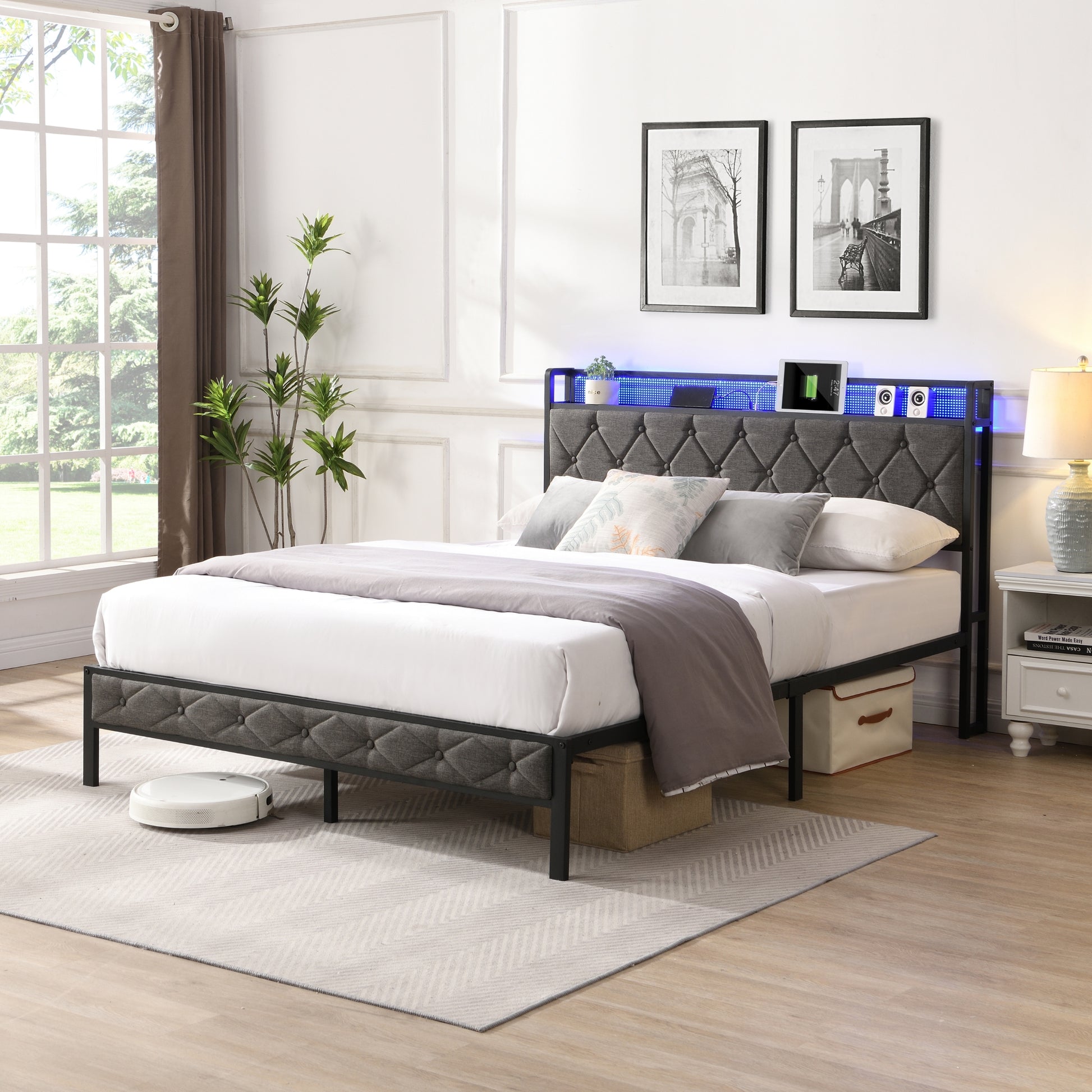 Full Bed Frame With Storage Headboard, Charging Station And Led Lights, Upholstered Platform Bed With Heavy Metal Slats, No Box Spring Needed, Noise Free, Easy Assembly, Dark Gray Box Spring Not Required Full Gray Metal Bedroom Bed Frame Metal