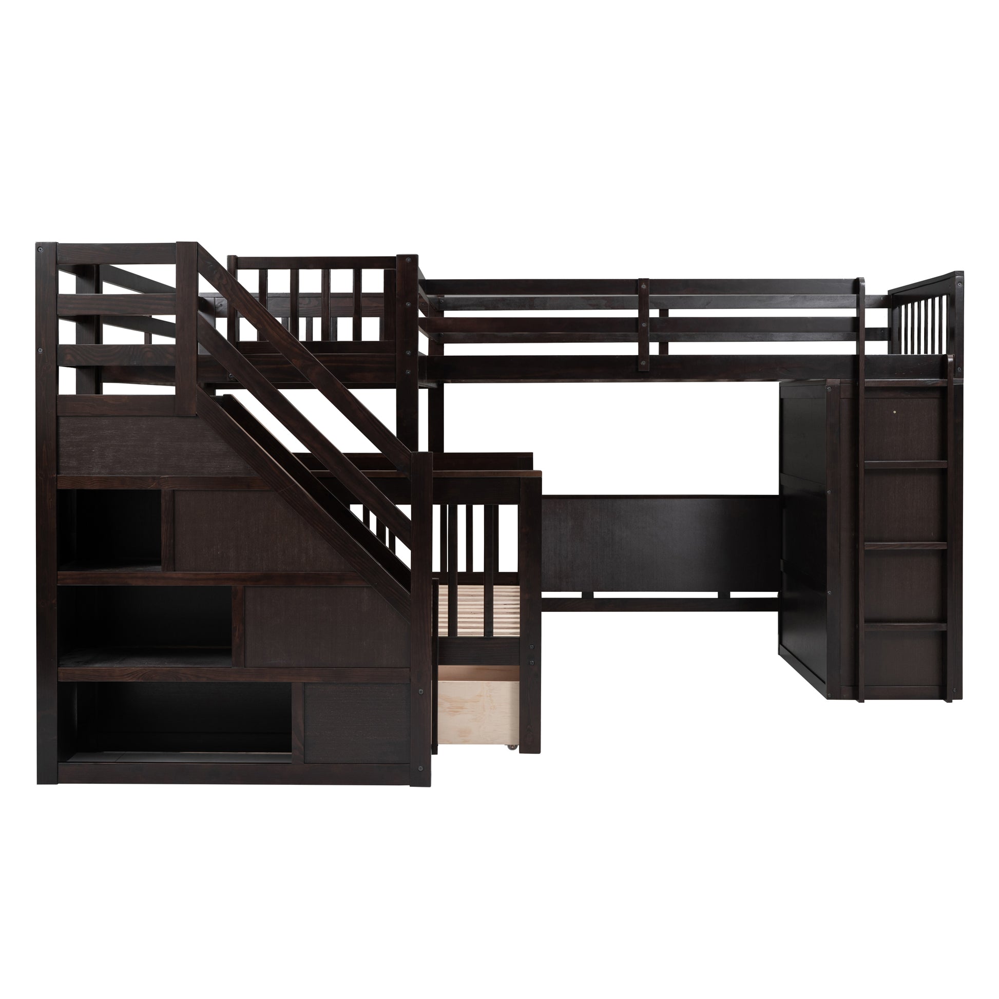 Twin Twin Over Full L Shaped Bunk Bed With 3 Drawers, Portable Desk And Wardrobe, Espresso Espresso Solid Wood