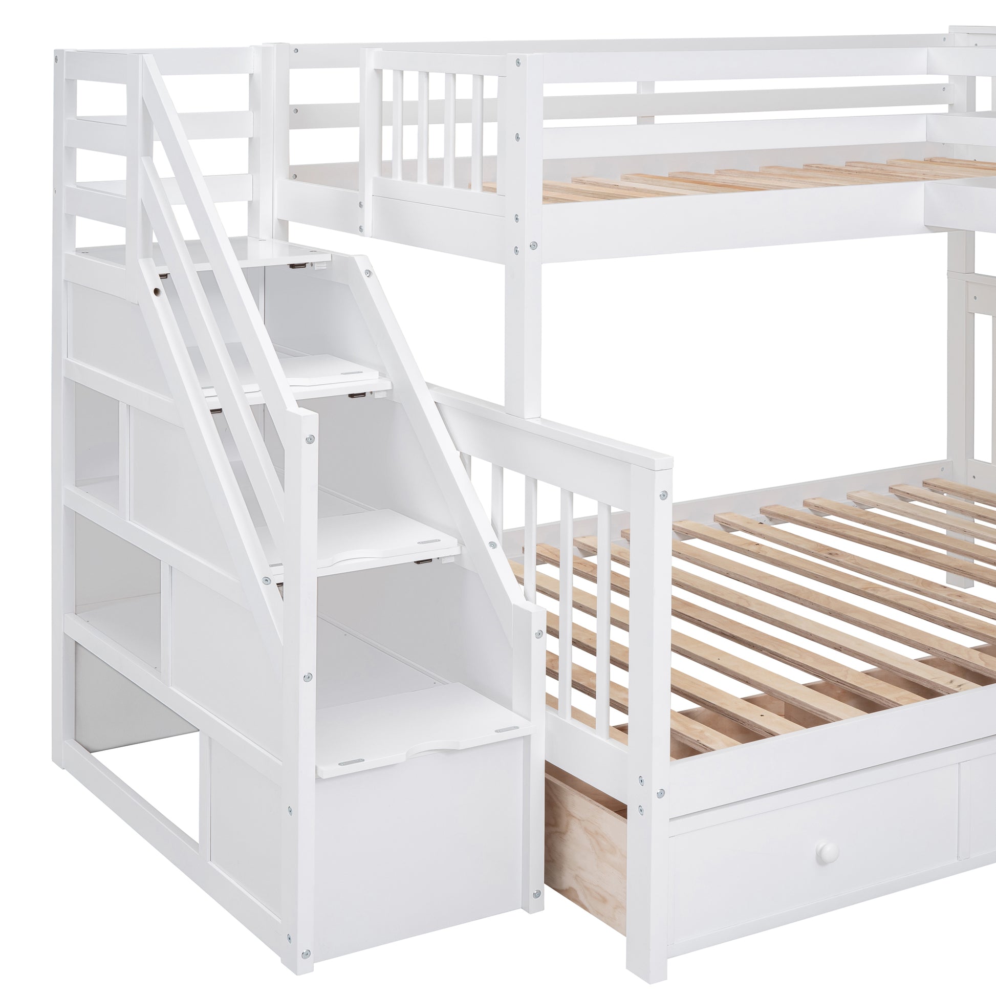 Twin Twin Over Full L Shaped Bunk Bed With 3 Drawers, Portable Desk And Wardrobe, White White Solid Wood