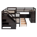 Twin Twin Over Full L Shaped Bunk Bed With 3 Drawers, Portable Desk And Wardrobe, Espresso Espresso Solid Wood