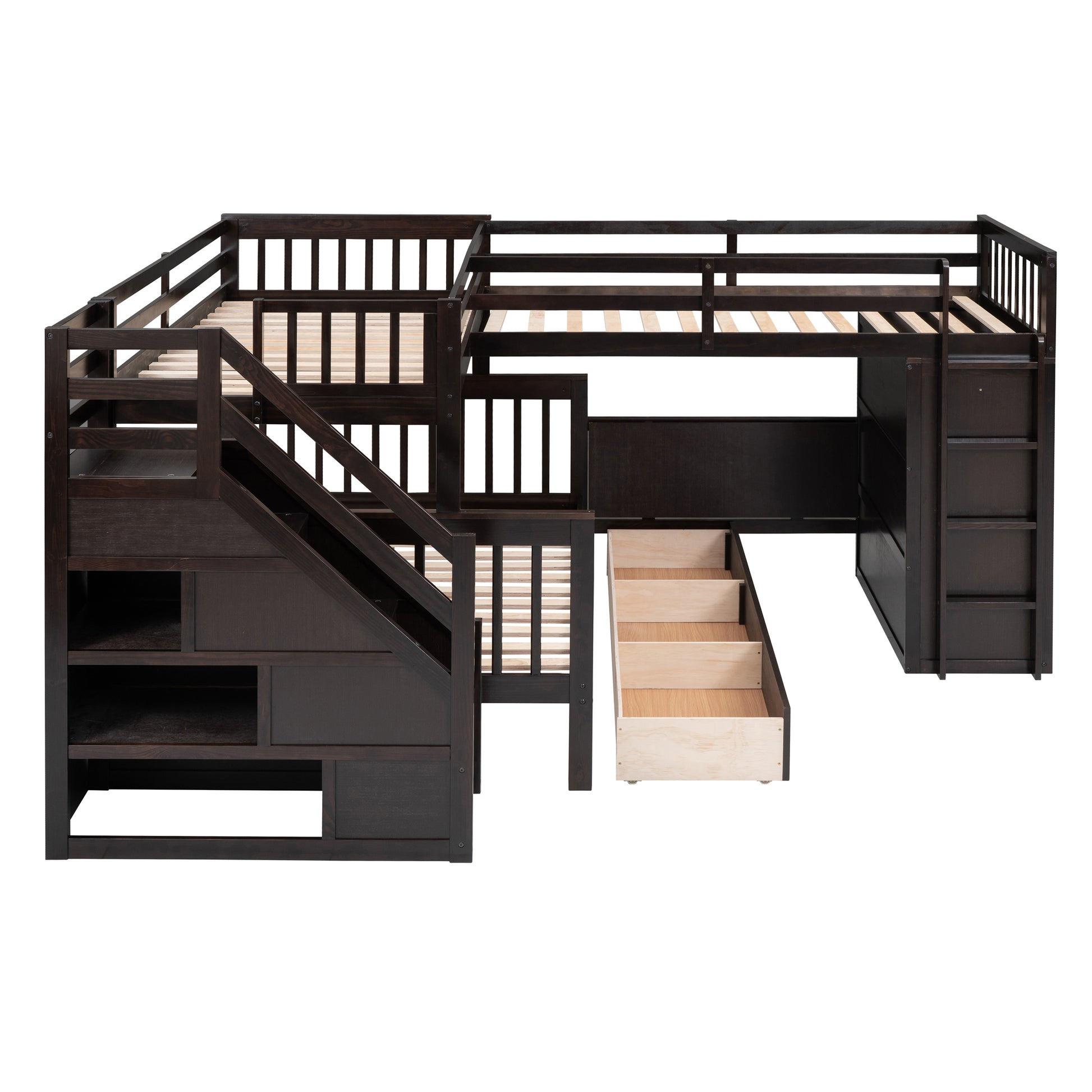 Twin Twin Over Full L Shaped Bunk Bed With 3 Drawers, Portable Desk And Wardrobe, Espresso Espresso Solid Wood