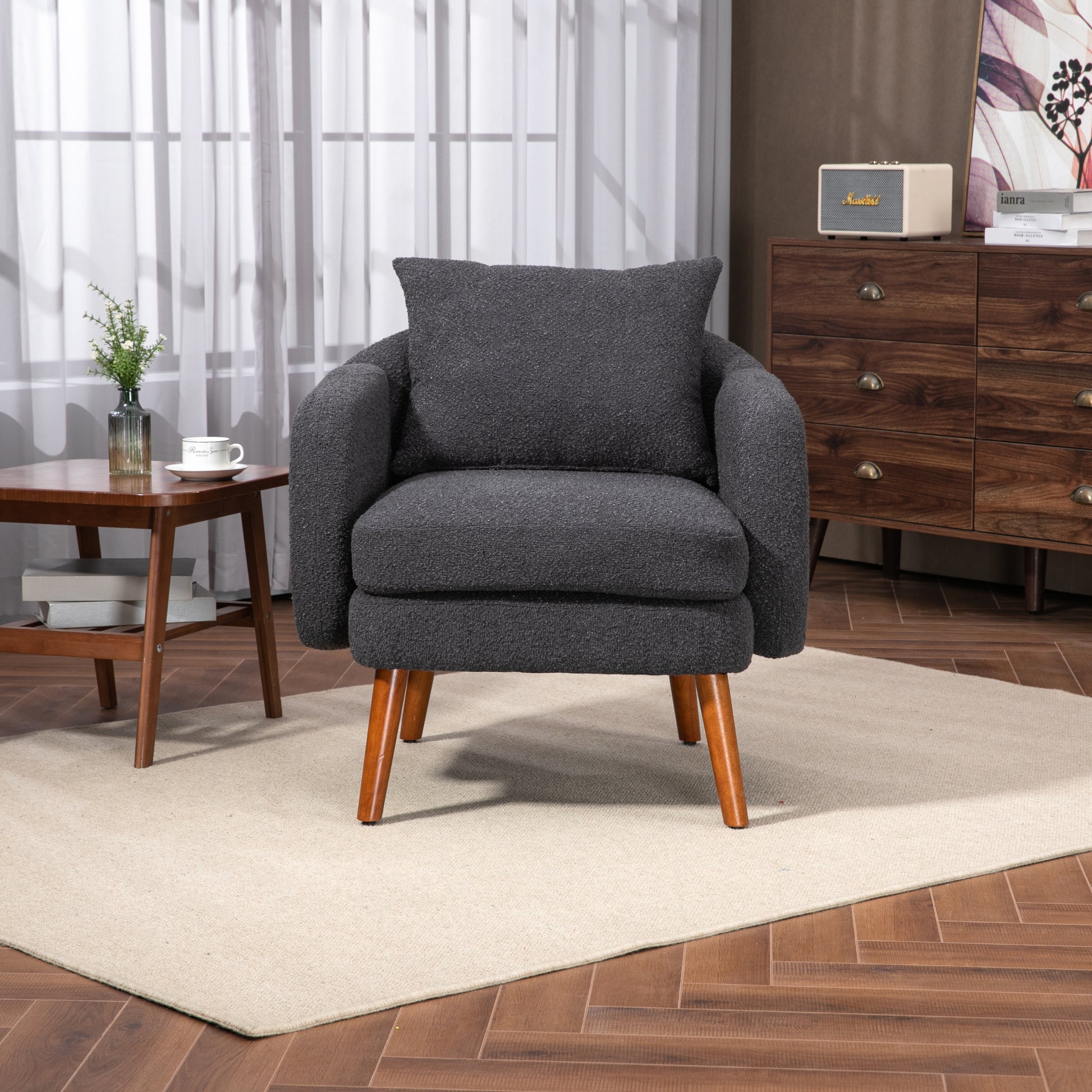 Coolmore Wood Frame Armchair, Modern Accent Chair Lounge Chair For Living Room Carbon Black Boucle