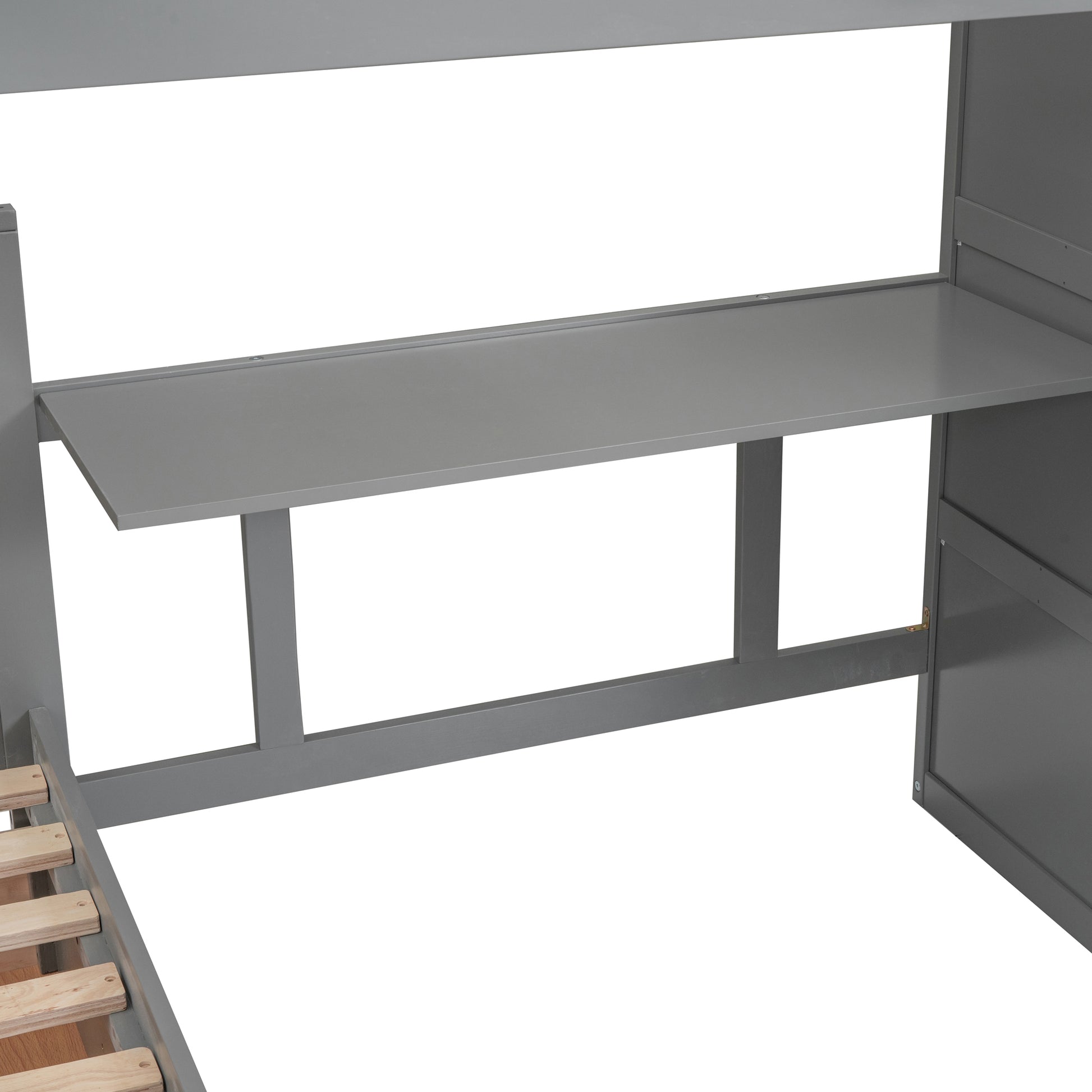 Twin Twin Over Full L Shaped Bunk Bed With 3 Drawers, Portable Desk And Wardrobe, Gray Gray Solid Wood