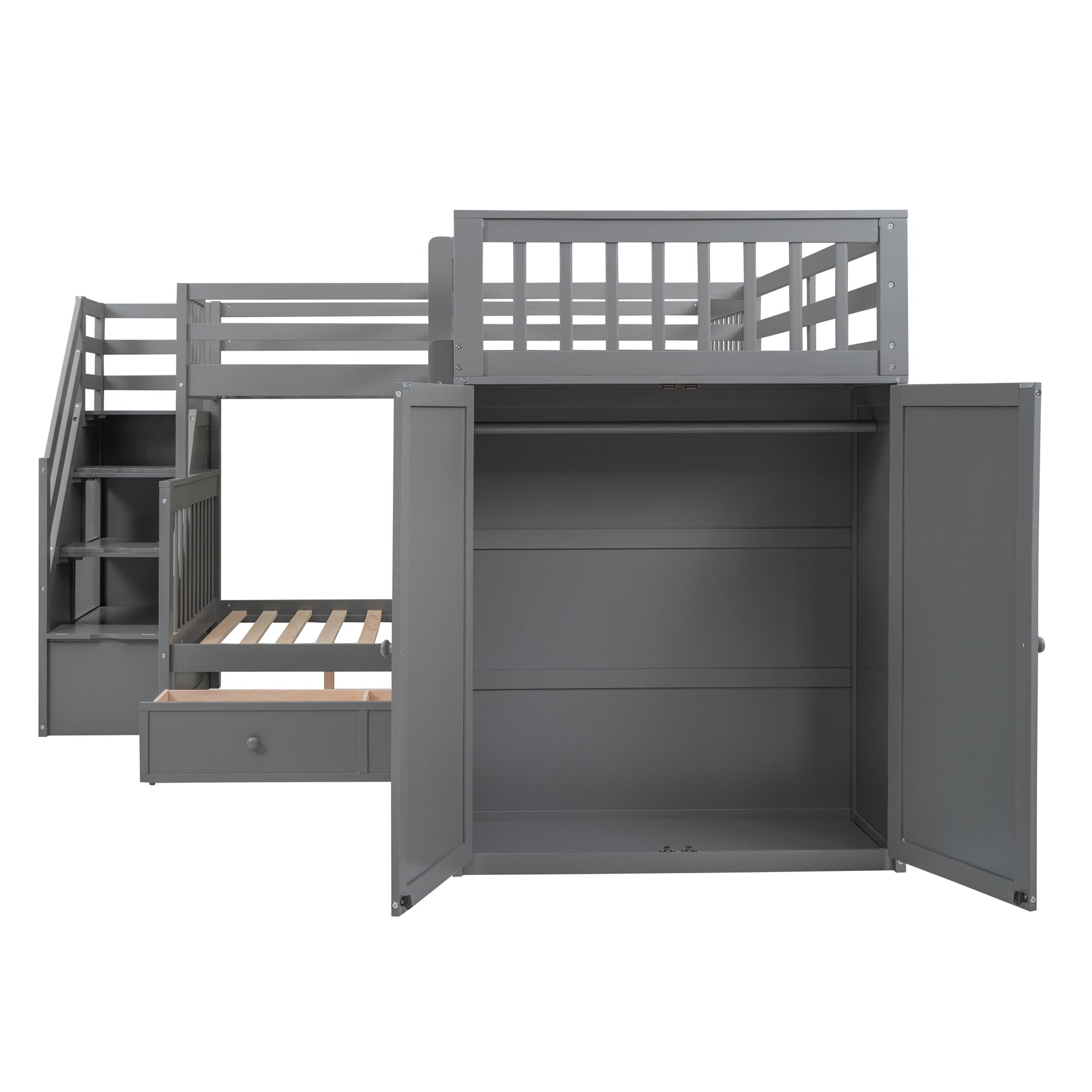 Twin Twin Over Full L Shaped Bunk Bed With 3 Drawers, Portable Desk And Wardrobe, Gray Gray Solid Wood