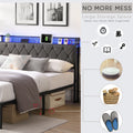 Queen Bed Frame With Storage Headboard, Charging Station And Led Lights, Upholstered Platform Bed With Heavy Metal Slats, No Box Spring Needed, Noise Free, Easy Assembly, Dark Gray Box Spring Not Required Queen Gray Metal Bedroom Bed Frame Metal