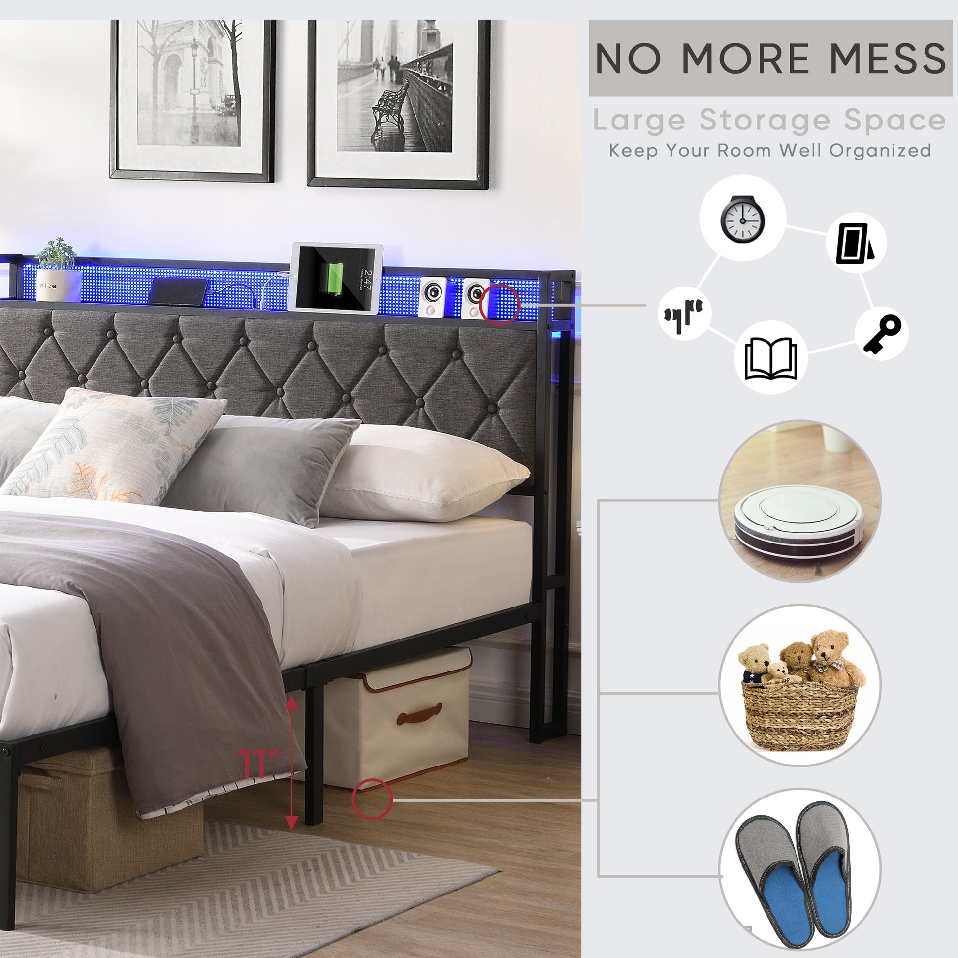 Queen Bed Frame With Storage Headboard, Charging Station And Led Lights, Upholstered Platform Bed With Heavy Metal Slats, No Box Spring Needed, Noise Free, Easy Assembly, Dark Gray Box Spring Not Required Queen Gray Metal Bedroom Bed Frame Metal