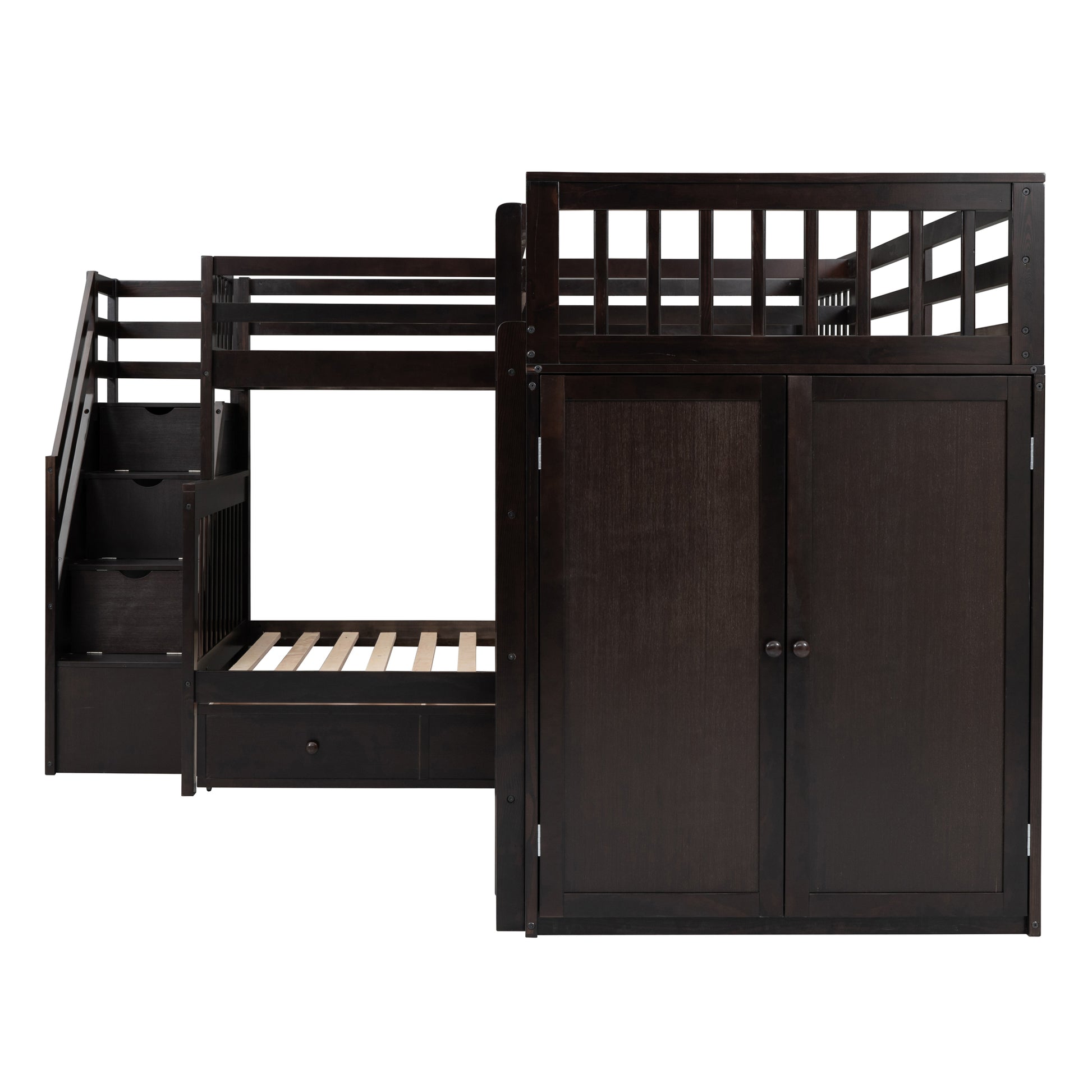 Twin Twin Over Full L Shaped Bunk Bed With 3 Drawers, Portable Desk And Wardrobe, Espresso Espresso Solid Wood