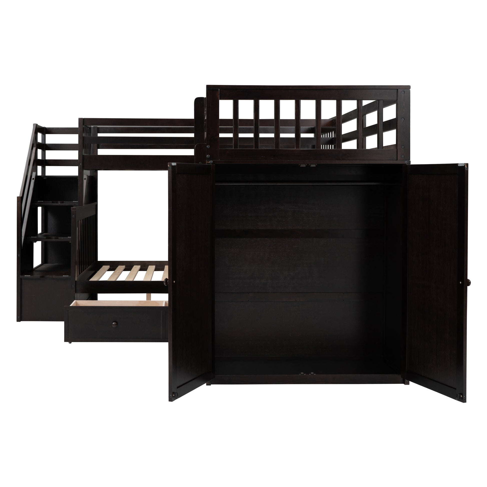 Twin Twin Over Full L Shaped Bunk Bed With 3 Drawers, Portable Desk And Wardrobe, Espresso Espresso Solid Wood