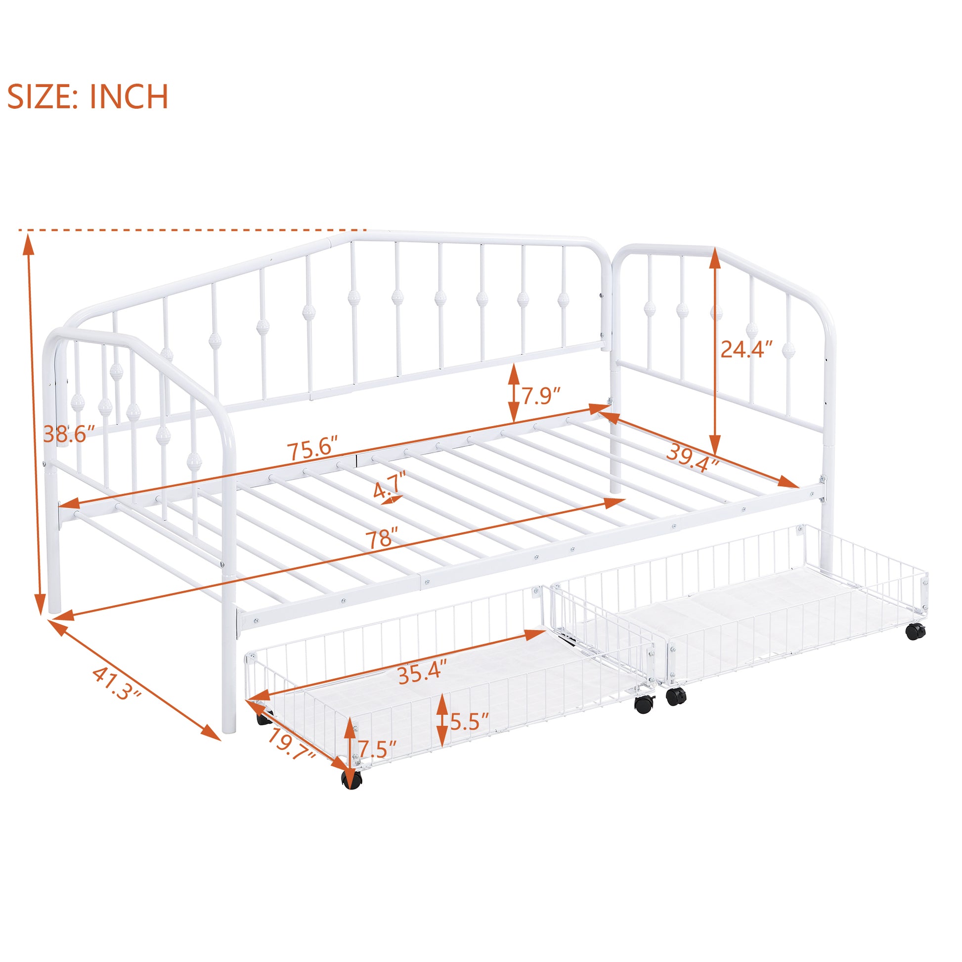 Twin Size Stylish Metal Daybed With 2 Drawers, White White Iron