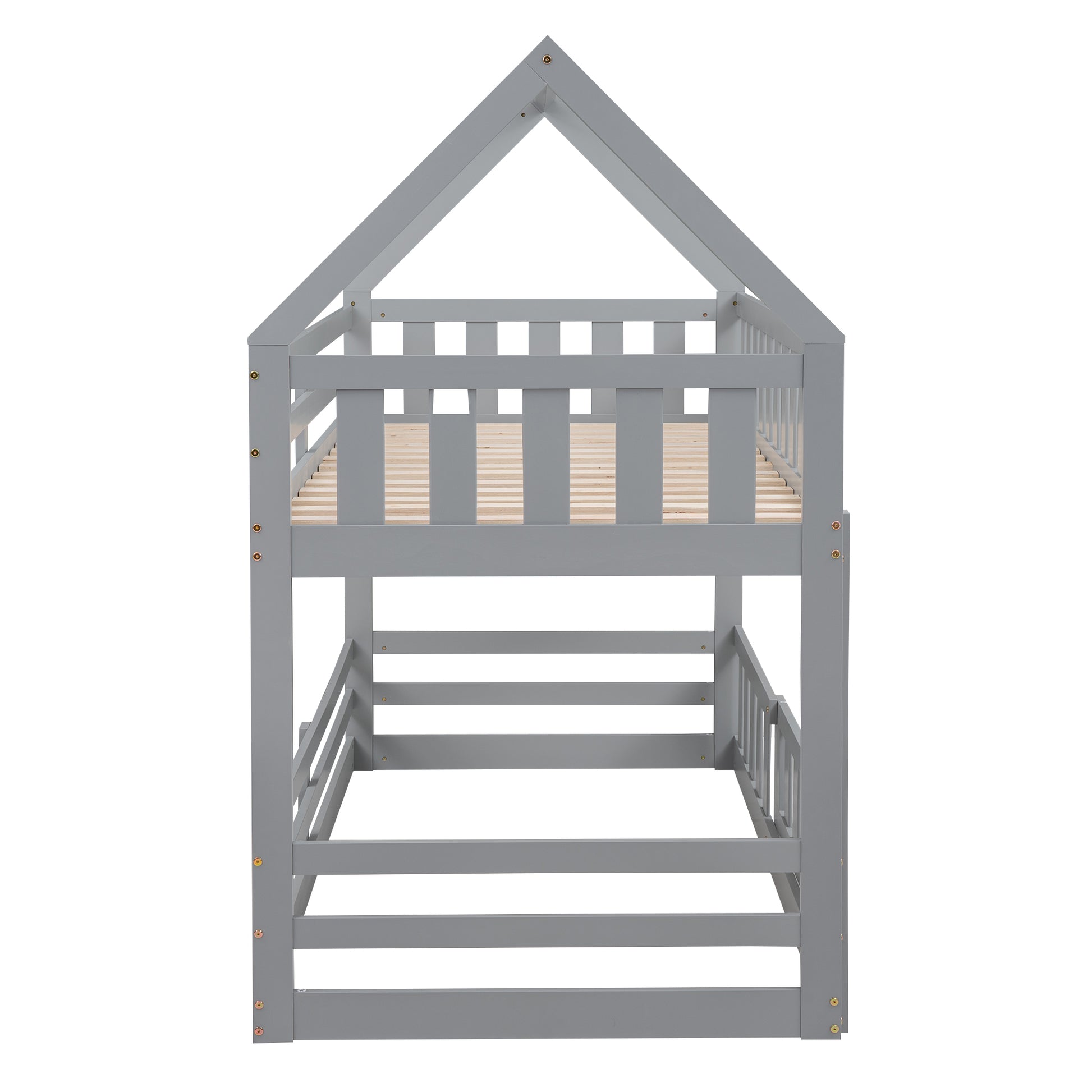 Twin Over Twin House Bunk Bed With Fence And Door, Gray Box Spring Not Required Twin Gray Wood Bedroom Bunk Solid Wood Mdf