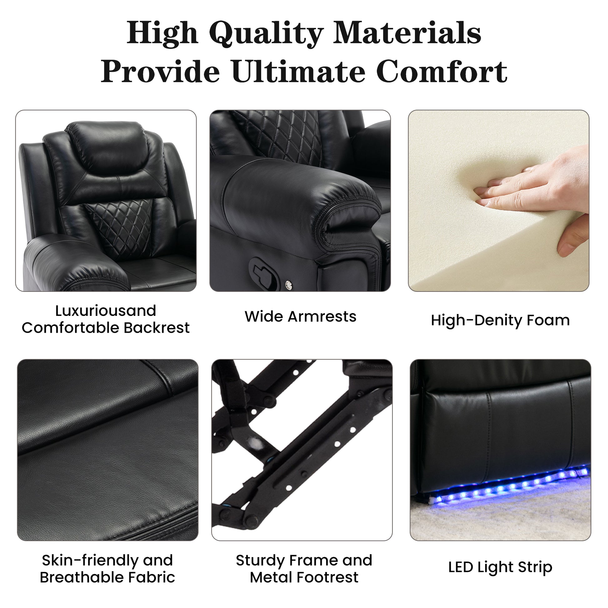 Home Theater Seating Manual Recliner Chair With Center Console And Led Light Strip For Living Room, Black Black Foam Faux Leather