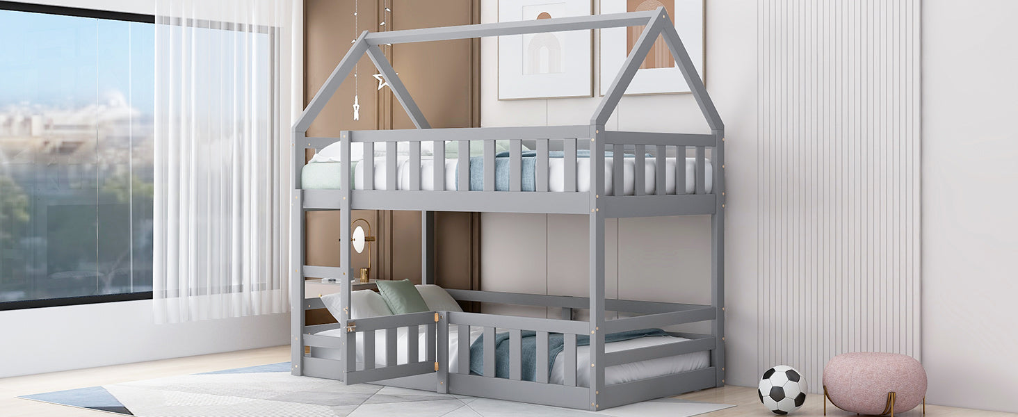 Twin Over Twin House Bunk Bed With Fence And Door, Gray Box Spring Not Required Twin Gray Wood Bedroom Bunk Solid Wood Mdf