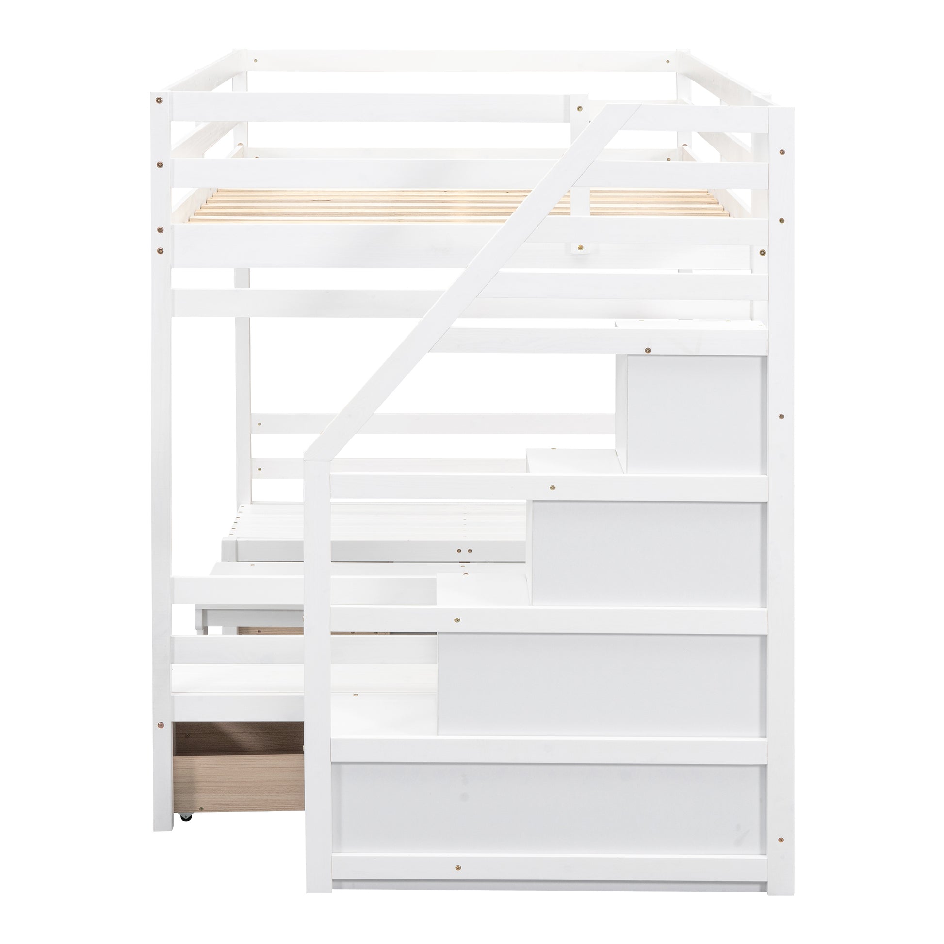 Full Over Full Size Bunk With Staircase,The Down Bed Can Be Convertible To Seats And Table Set,White Box Spring Not Required Full White Wood Bedroom Bunk Pine