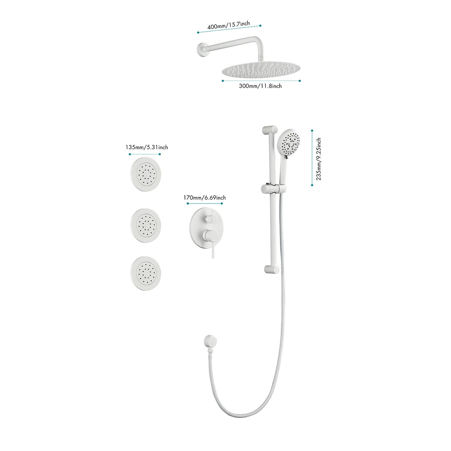 Shower System With Shower Head, Hand Shower, Slide Bar, Bodysprays, Shower Arm, Hose, Valve Trim, And Lever Handles White Wall Mounted Bathroom Brass