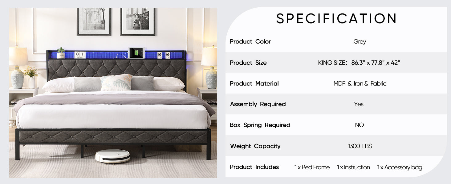 King Bed Frame With Storage Headboard, Charging Station And Led Lights, Upholstered Platform Bed With Heavy Metal Slats, No Box Spring Needed, Noise Free, Easy Assembly, Dark Gray Box Spring Not Required King Gray Metal Bedroom Bed Frame Metal