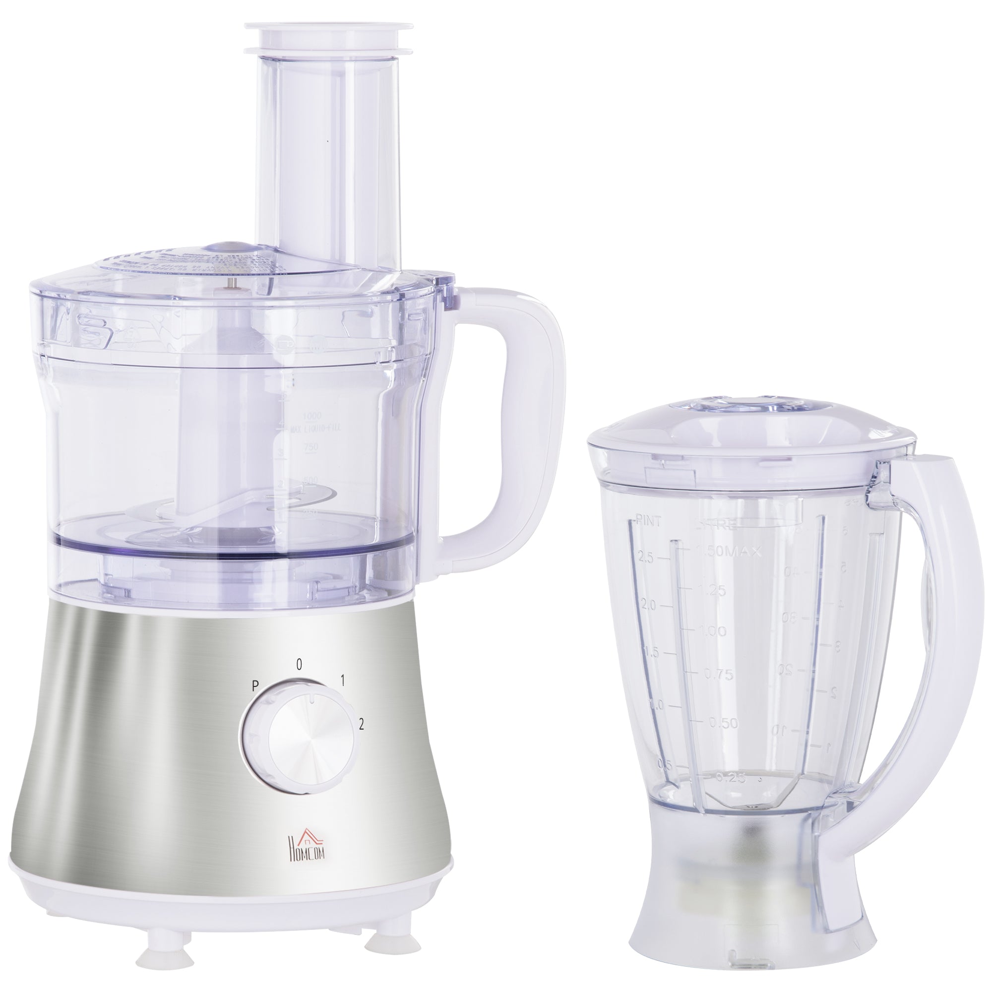 2 In 1 Blender And Food Processor Combo For Chopping, Slicing, Shredding, Mincing And Pureeing For Vegetable, Meat And Nuts, 500W 5 Cup Bowl, 1.5L Blender Jug, 3 Blades And Adjustable Speed White Stainless Steel