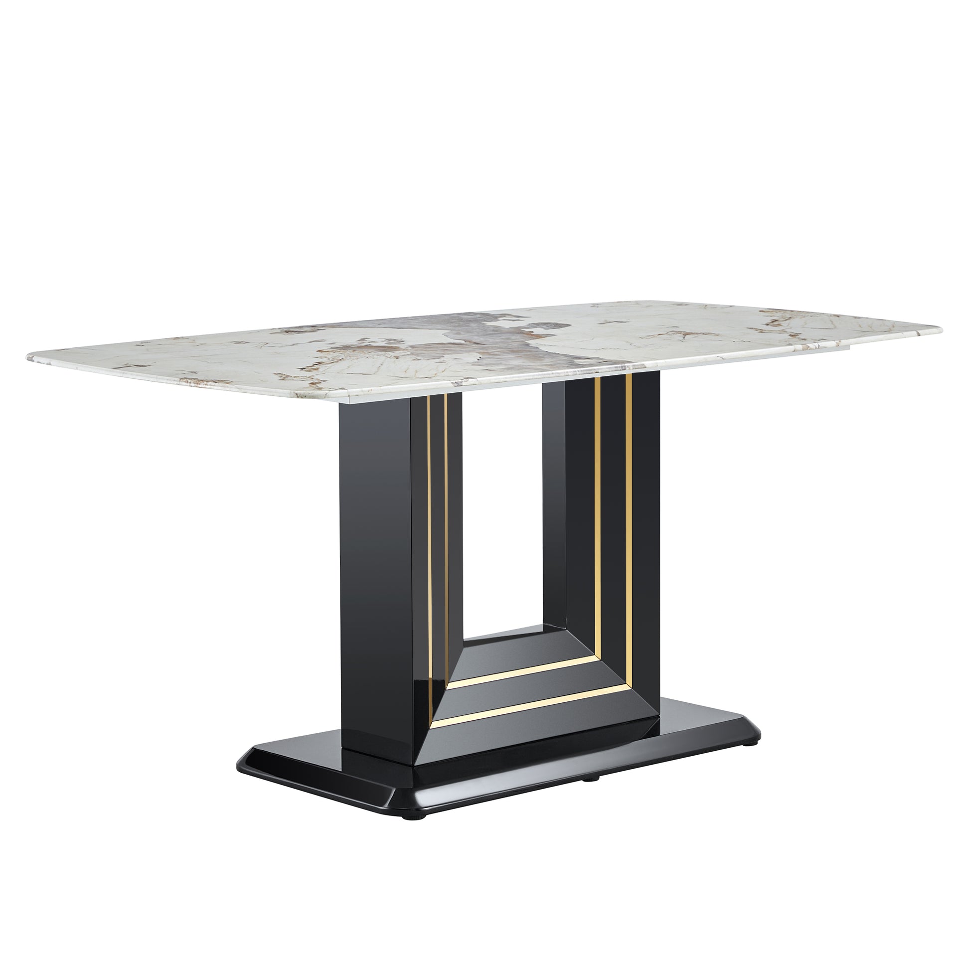 Rectangular 63" Marble Dining Table, Luxurious Dining Room Table With Faux Marble Top And U Shape Mdf Base, Modern Kitchen Dining Table For Kitchen Living Dining Room White Black Luxury,Modern Mdf