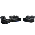 3 Pieces Recliner Sofa Sets Home Theater Seating Manual Recliner Chair With Center Console And Led Light Strip For Living Room, Black Black Foam Faux Leather