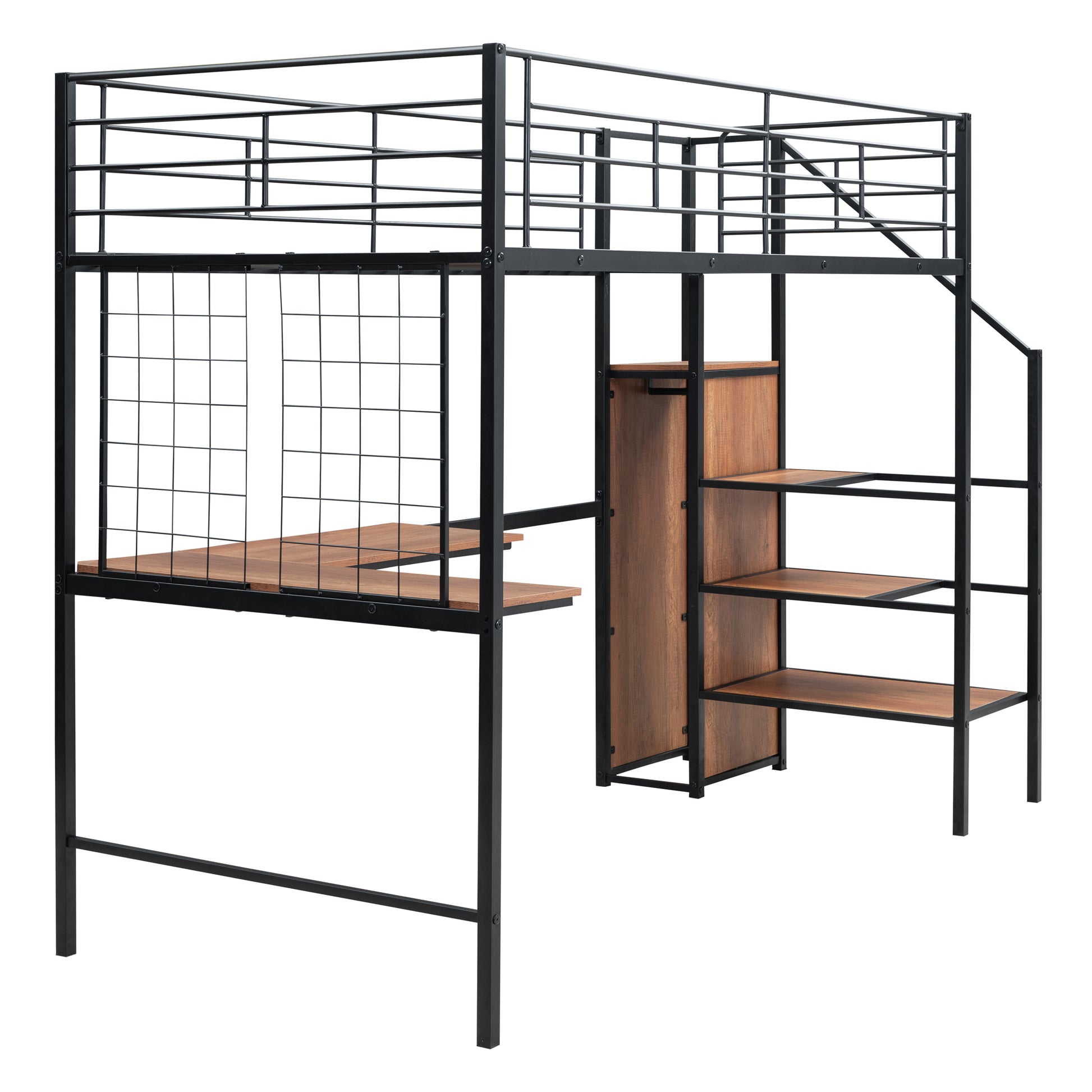 Twin Size Metal Loft Bed With Desk And Metal Grid, Stylish Metal Frame Bed With Lateral Storage Ladder And Wardrobe, Black Black Mdf Metal