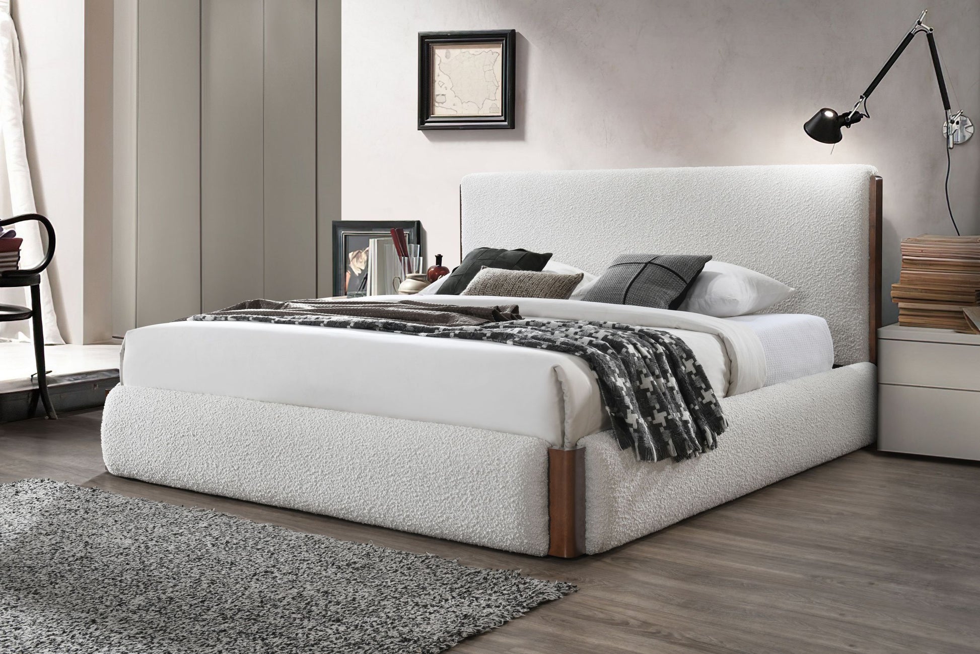 Sandro Queen Bed, White Boucl & Walnut Finish Bd02470Q Queen White Boucle