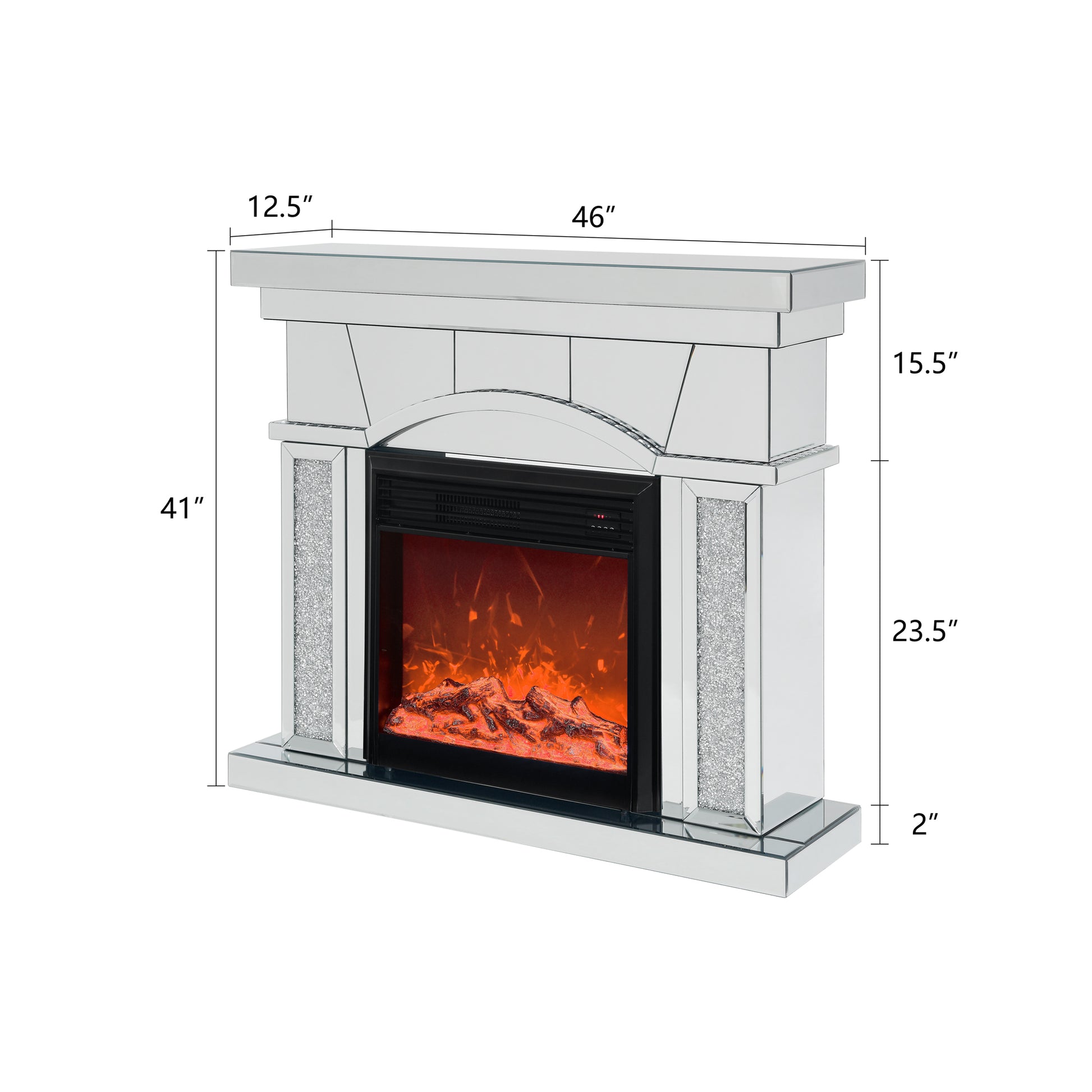 W 46" X D 12.5" X H 41" Dome Door Acrylic Mirror Fireplace Cabinet, Tv Fireplace Cabinet Powder Coated Electric Primary Living Space Yes Insert Electric 41 50 Yes Silver 400 Natural Vent American Design Acrylic Mdf Glass