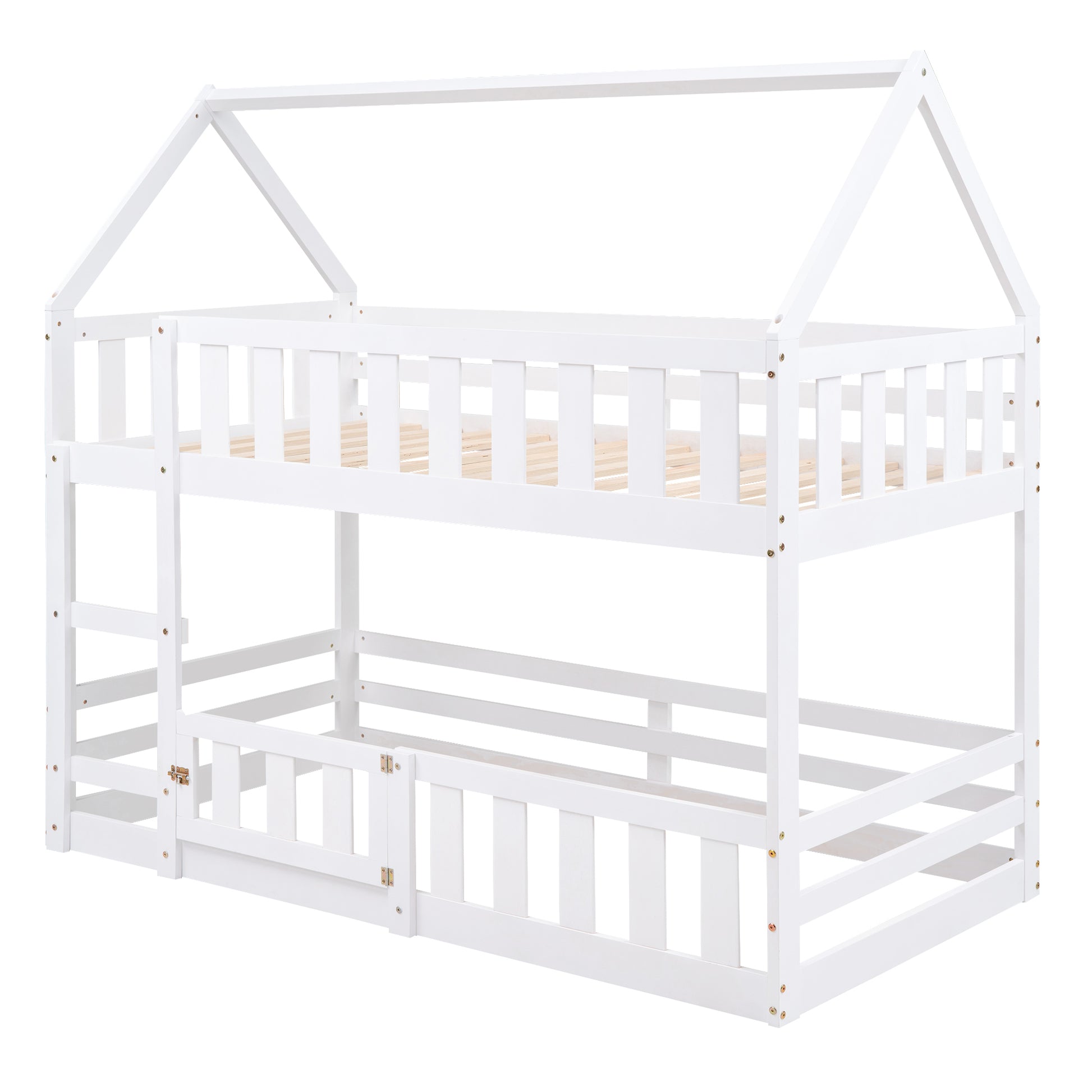 Twin Over Twin House Bunk Bed With Fence And Door, White Box Spring Not Required Twin White Wood Bedroom Bunk Solid Wood Mdf