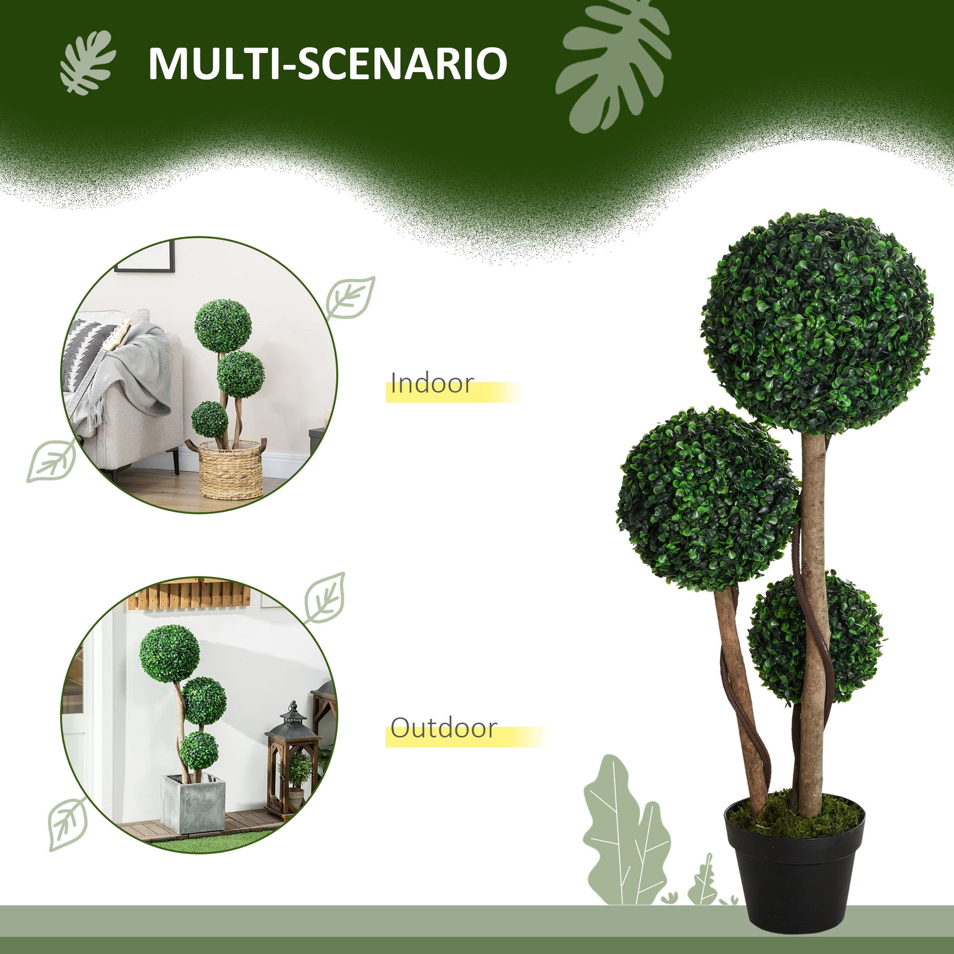 Artificial Plant For Home Decor Indoor & Outdoor Fake Plants Artificial Tree In Pot, 3 Ball Boxwood Topiary Tree For Home Office, Living Room Decor, Dark Green Dark Green Plastic