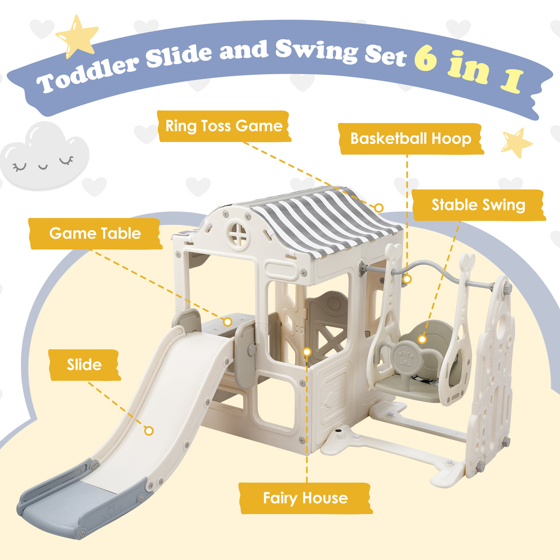 6 In 1 Toddler Slide And Swing Set, Kids Playground Climber Slide Playset With Fairy House, Freestanding Slide For Babies Off White Grey 50 99 Lbs Cute Hdpe Indoor & Outdoor Use