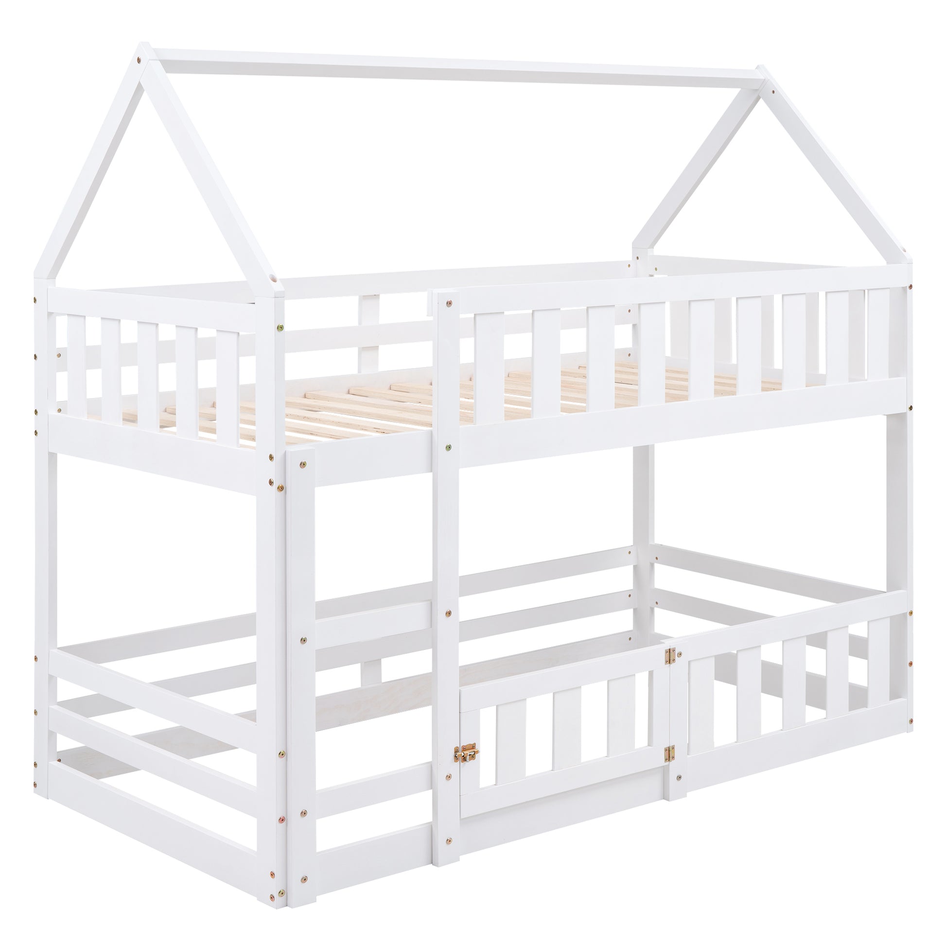 Twin Over Twin House Bunk Bed With Fence And Door, White Box Spring Not Required Twin White Wood Bedroom Bunk Solid Wood Mdf