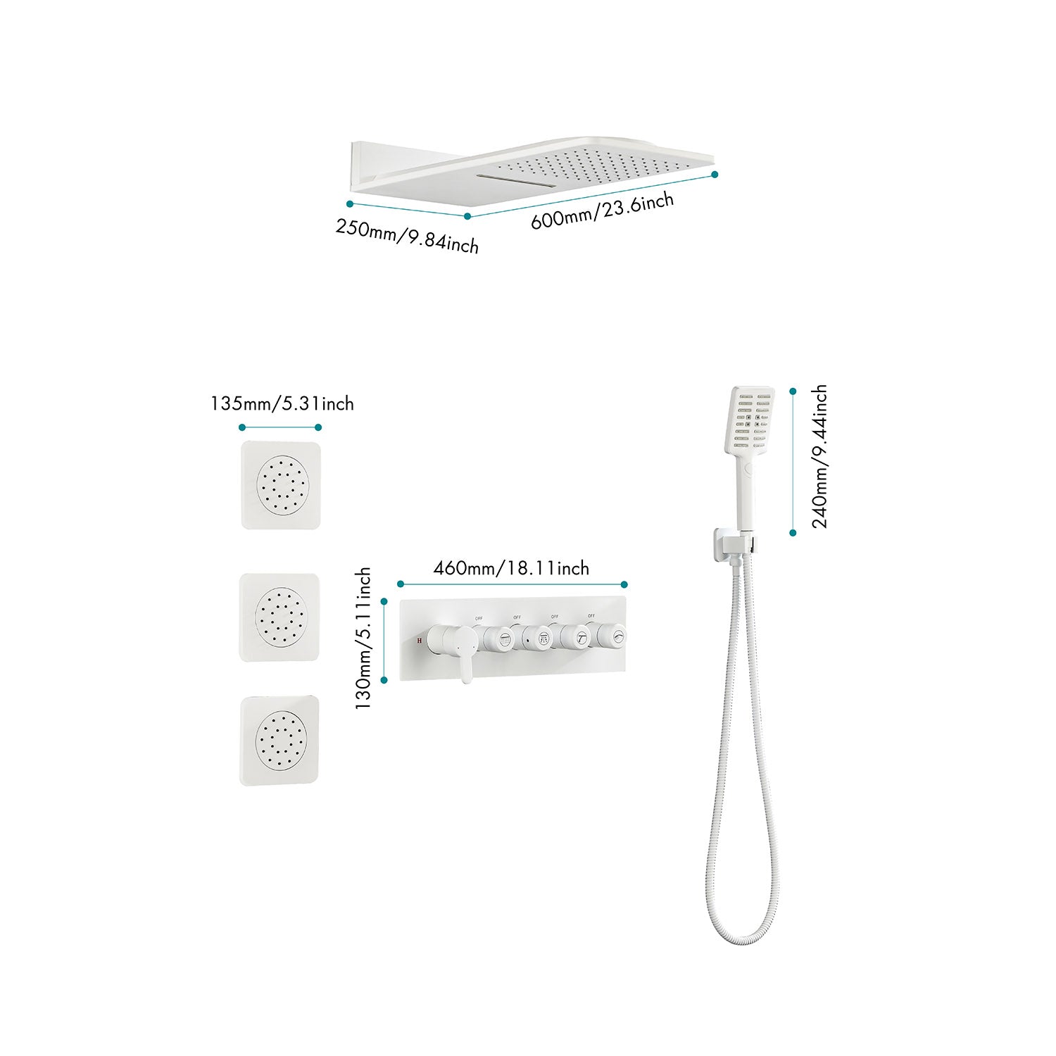 Wall Mounted Waterfall Rain Shower System With 3 Body Sprays & Handheld Shower White Wall Mounted Bathroom Brass