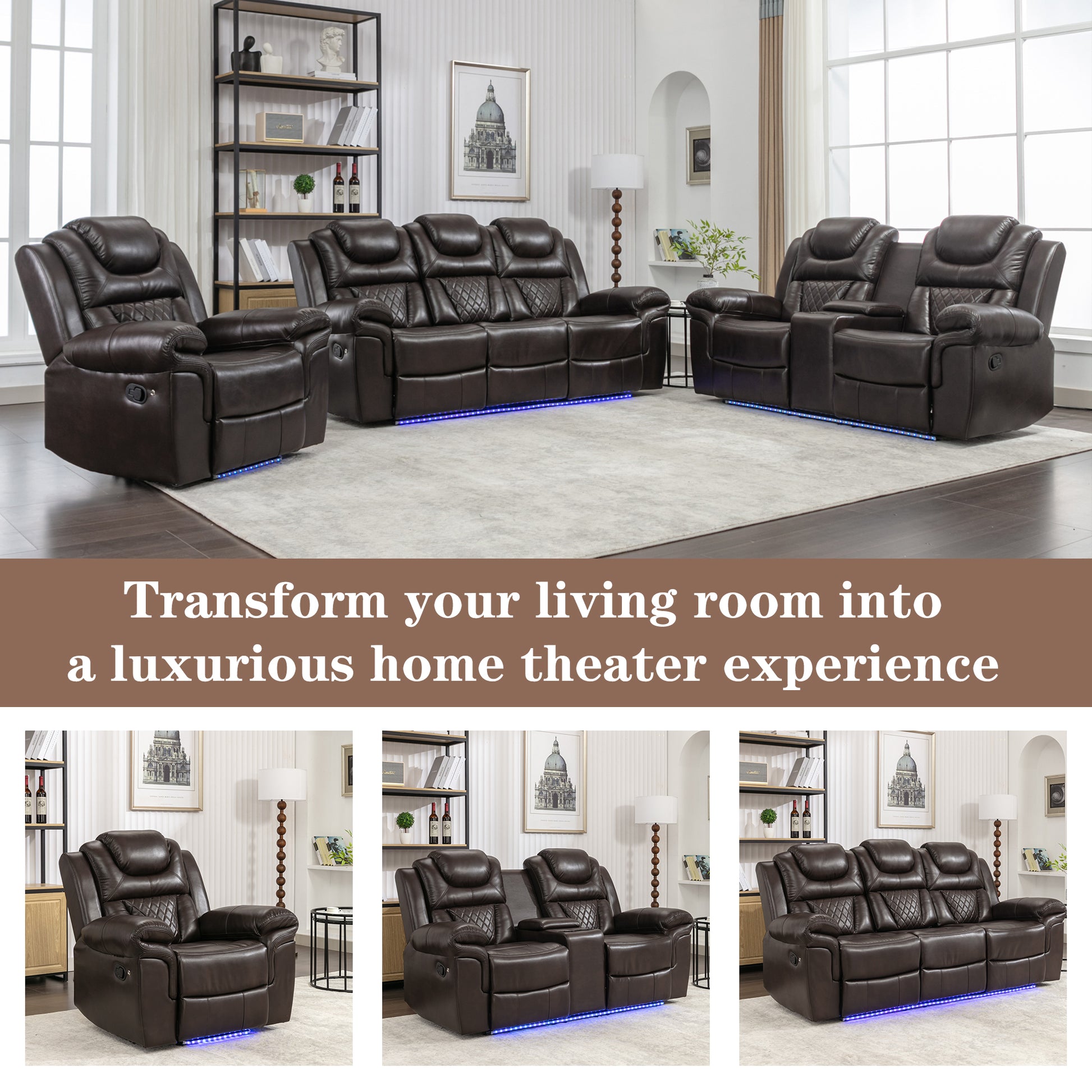 Home Theater Seating Manual Recliner Loveseat With Hide Away Storage, Cup Holders And Led Light Strip For Living Room, Brown Brown Foam Faux Leather