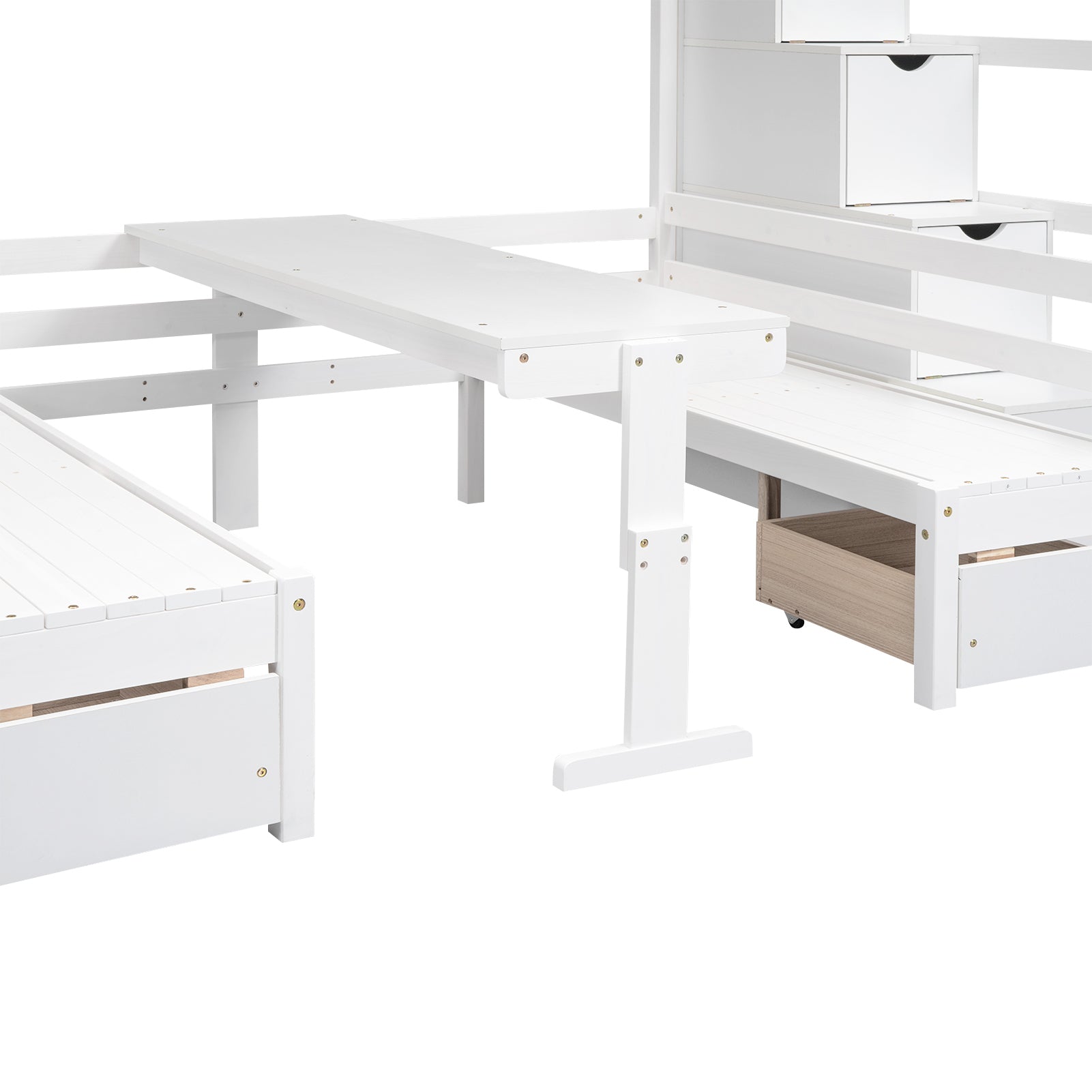 Full Over Full Size Bunk With Staircase,The Down Bed Can Be Convertible To Seats And Table Set,White Box Spring Not Required Full White Wood Bedroom Bunk Pine