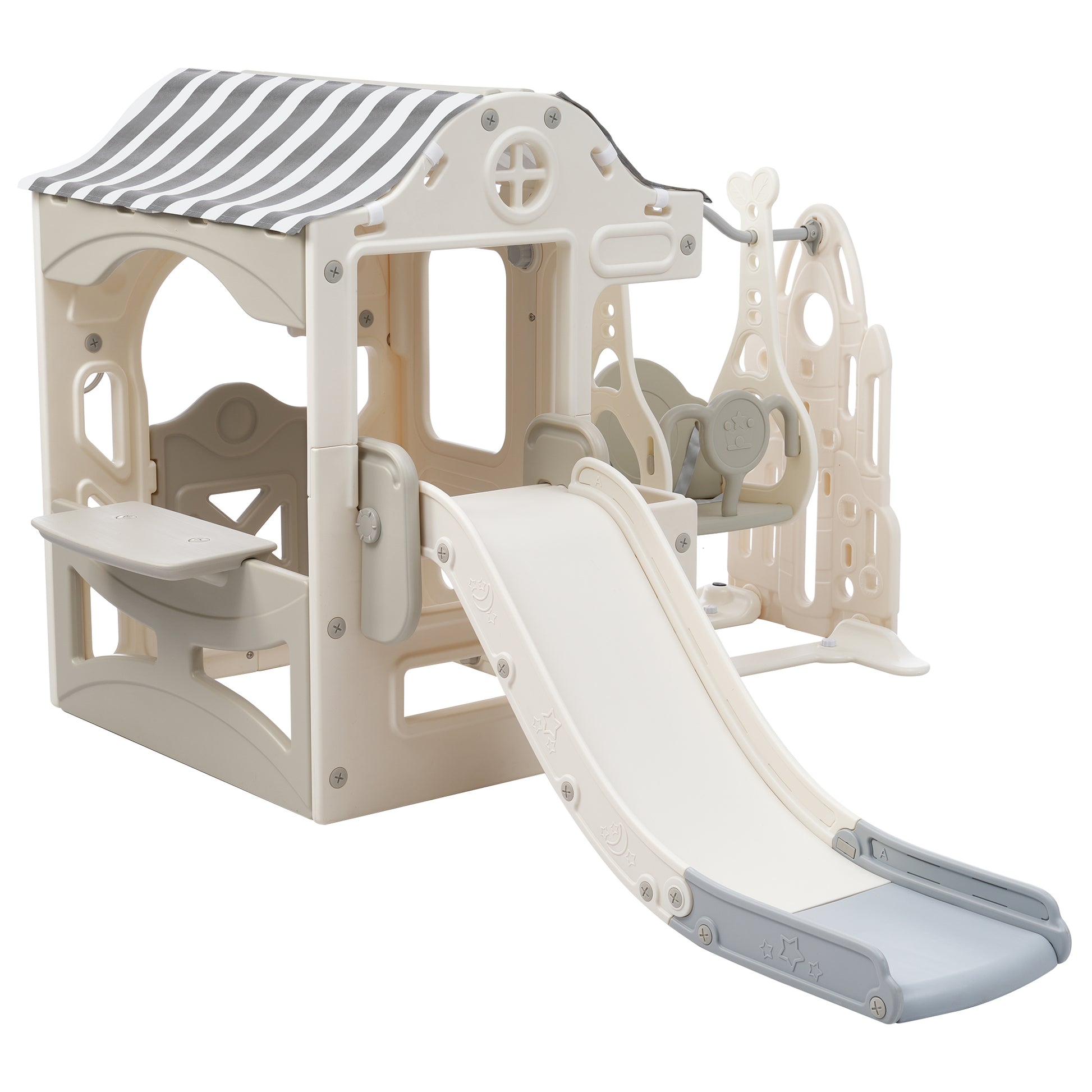 6 In 1 Toddler Slide And Swing Set, Kids Playground Climber Slide Playset With Fairy House, Freestanding Slide For Babies Off White Grey 50 99 Lbs Cute Hdpe Indoor & Outdoor Use